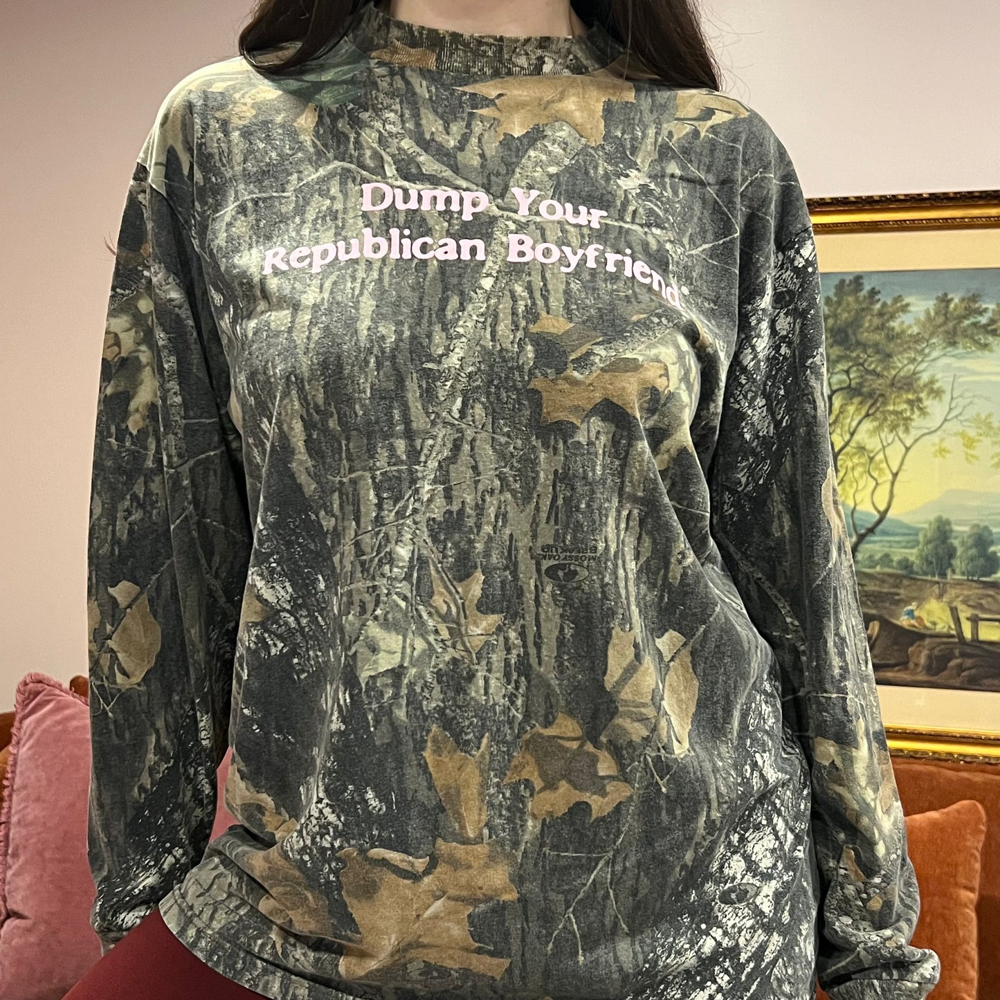 DUMP YOUR REPUBLICAN BOYFRIEND camo long sleeve t-shirt with pink text (M)