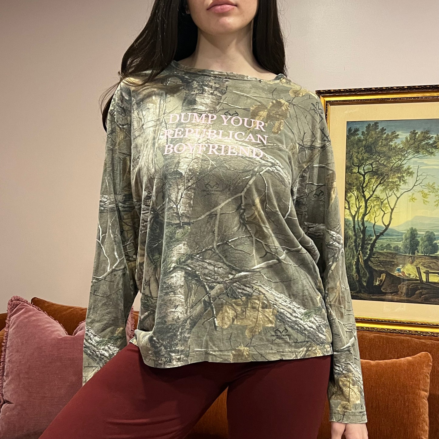 DUMP YOUR REPUBLICAN BOYFRIEND camo long sleeve t-shirt with pink text (M)