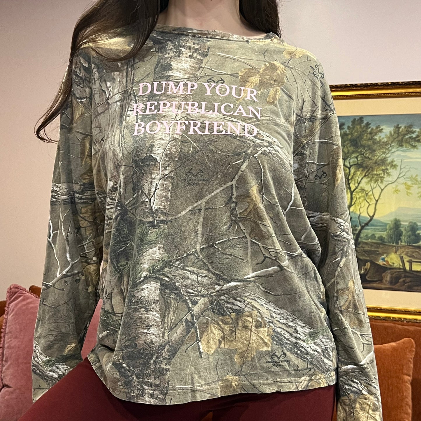 DUMP YOUR REPUBLICAN BOYFRIEND camo long sleeve t-shirt with pink text (M)