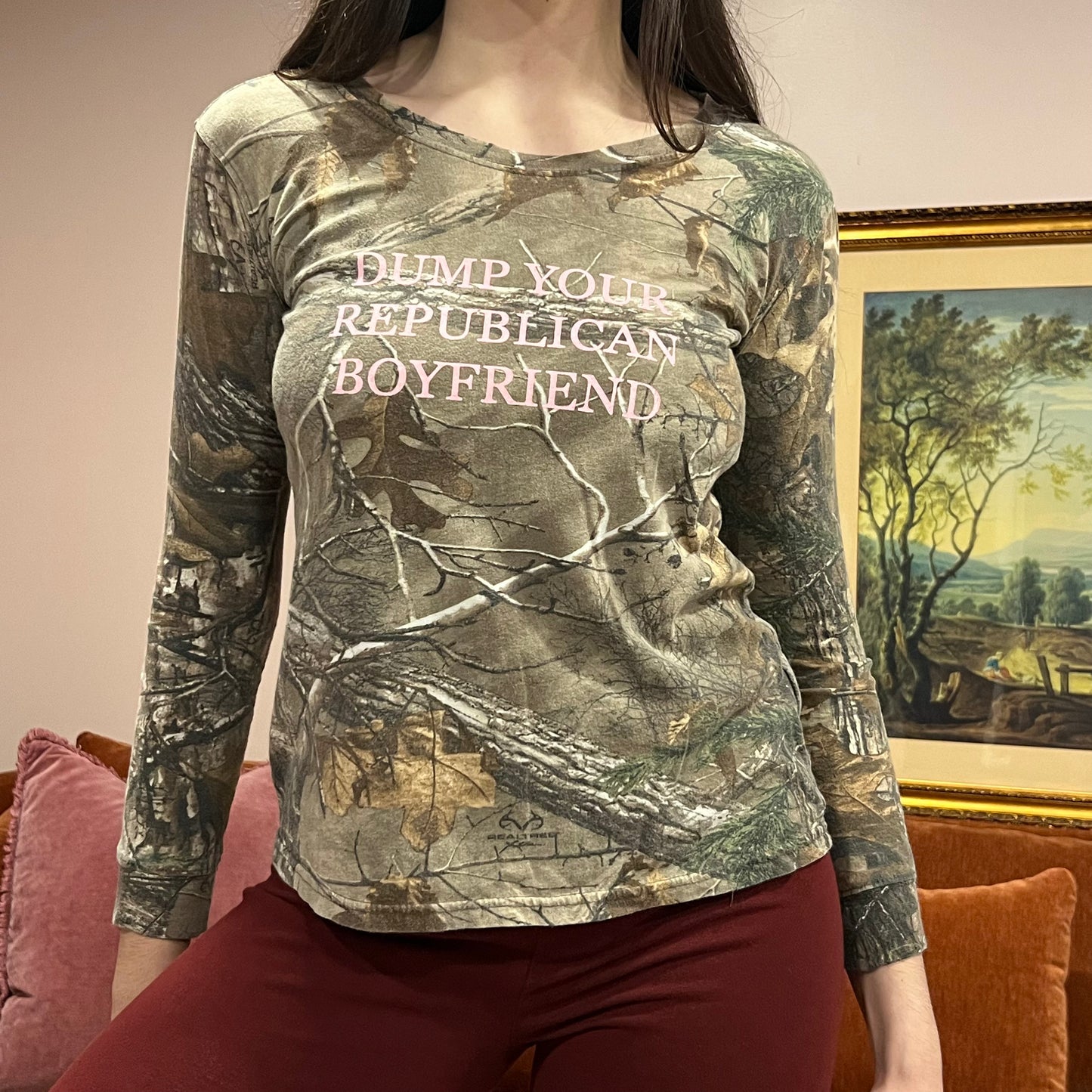 DUMP YOUR REPUBLICAN BOYFRIEND camo long sleeve t-shirt with pink text (M)
