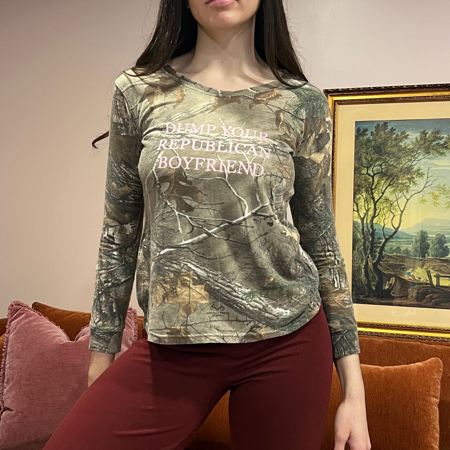 DUMP YOUR REPUBLICAN BOYFRIEND camo long sleeve t-shirt with pink text (M)