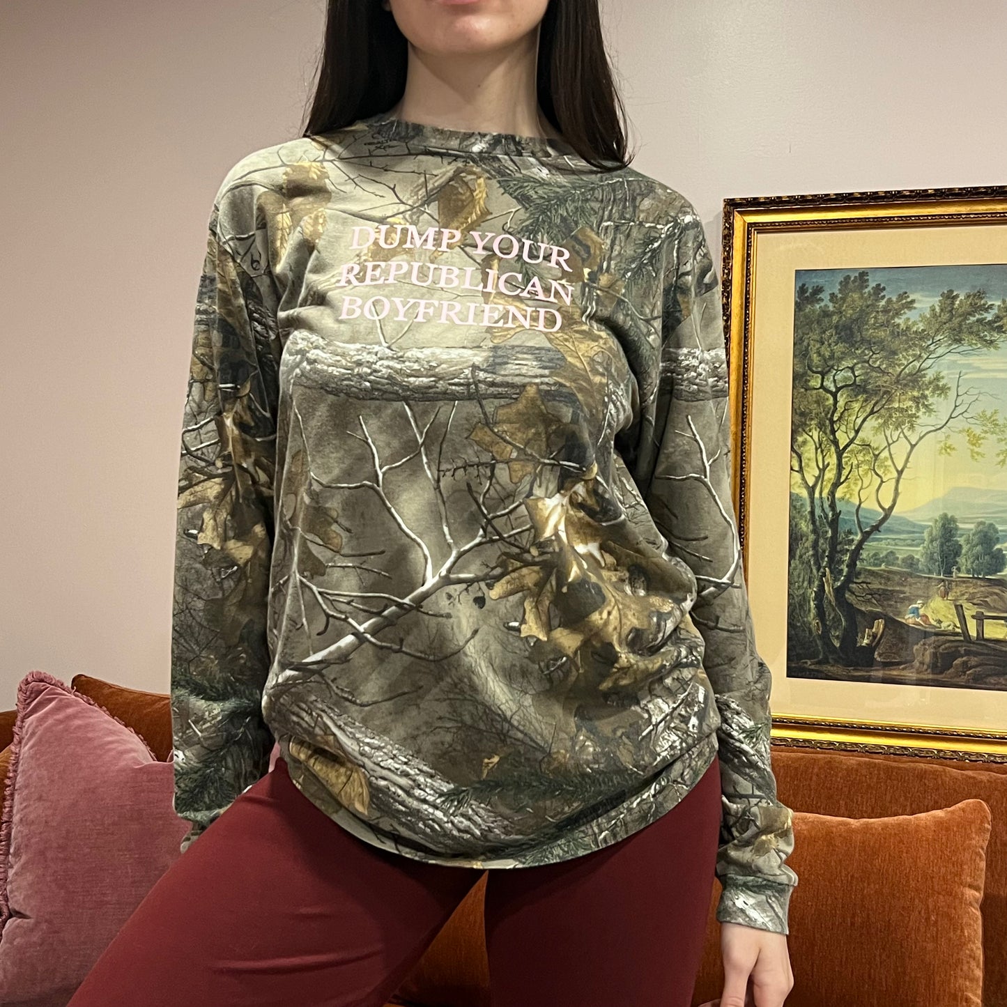DUMP YOUR REPUBLICAN BOYFRIEND camo long sleeve t-shirt with pink text (M)