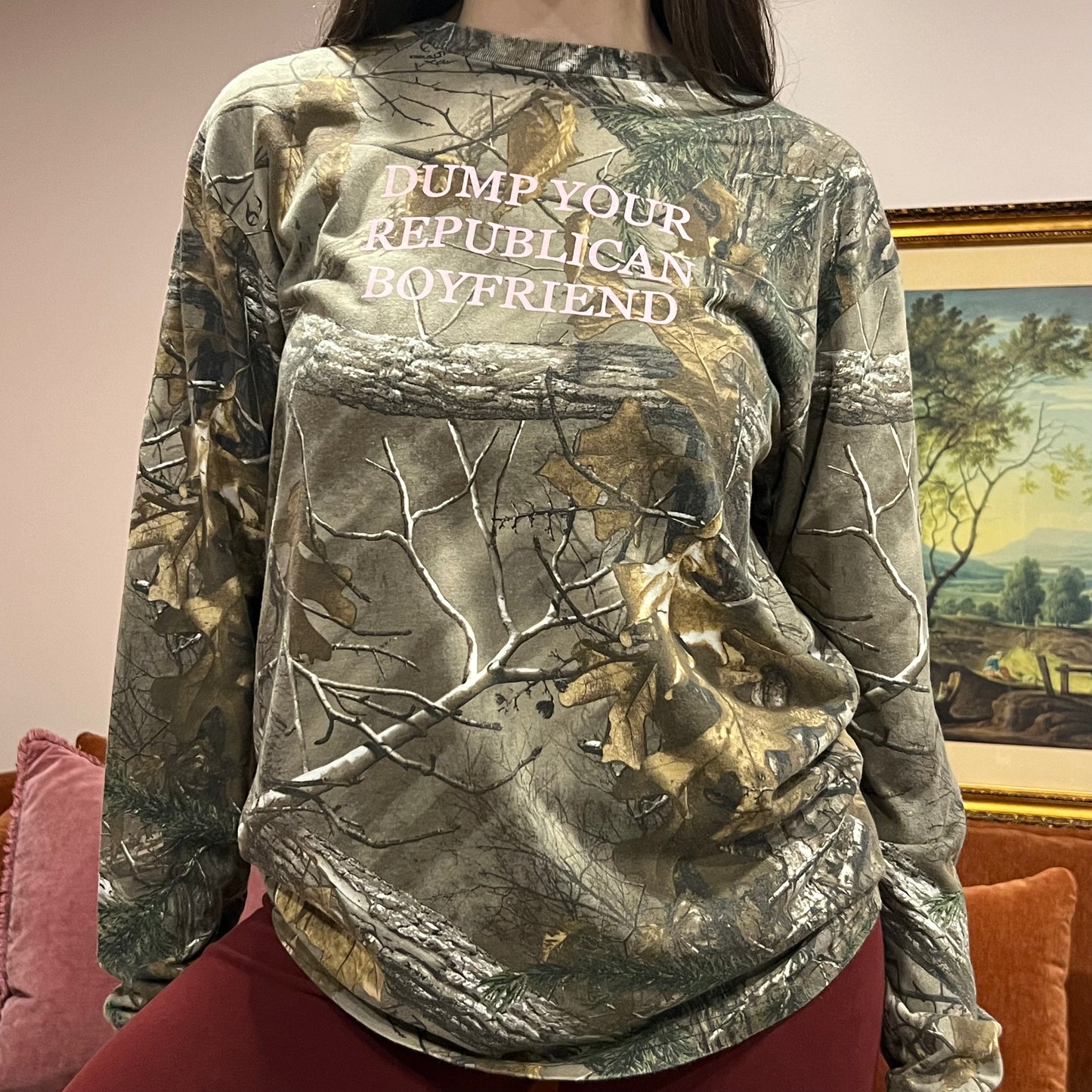 DUMP YOUR REPUBLICAN BOYFRIEND camo long sleeve t-shirt with pink text (M)