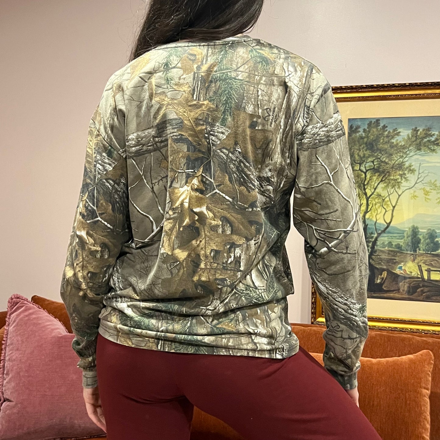DUMP YOUR REPUBLICAN BOYFRIEND camo long sleeve t-shirt with pink text (M)