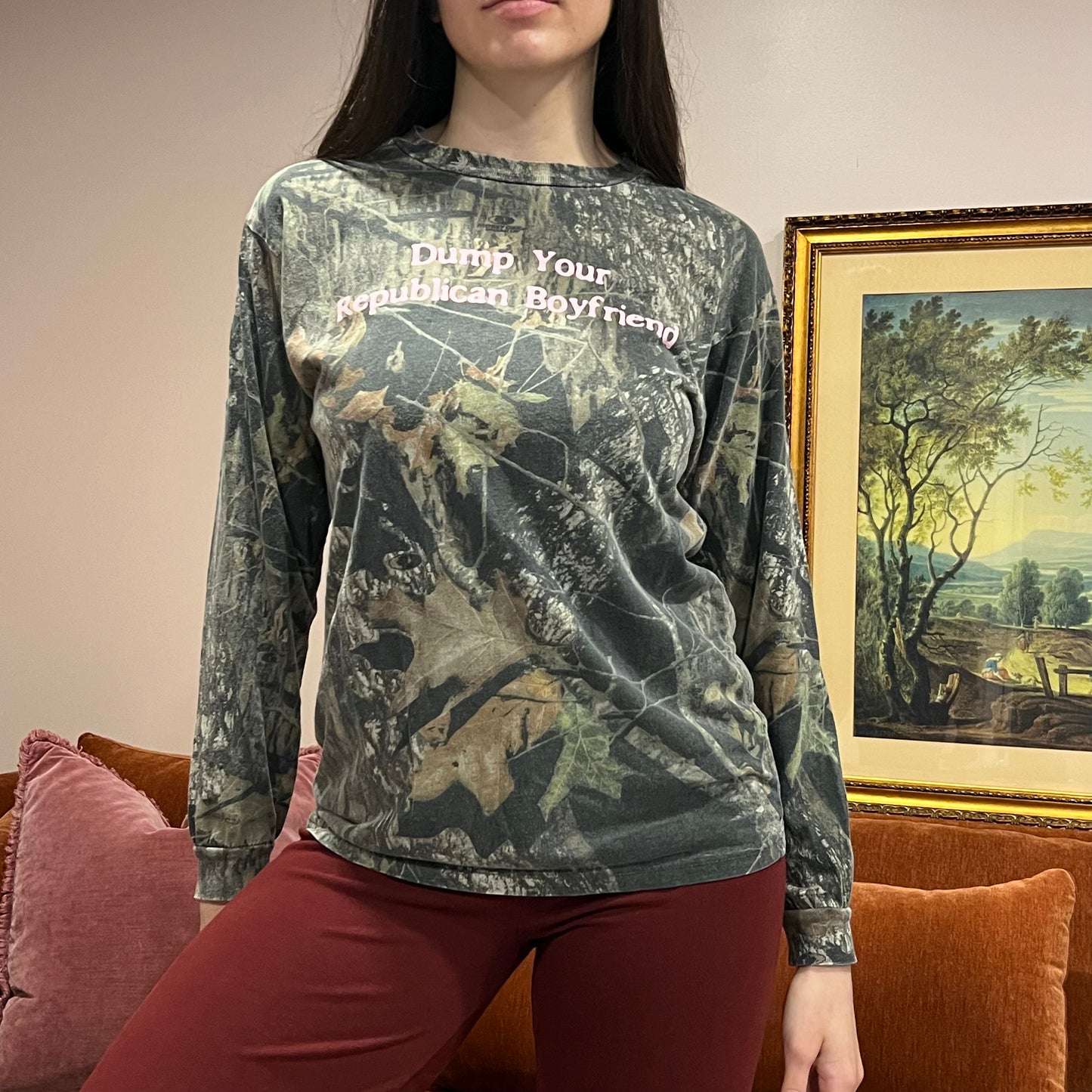 DUMP YOUR REPUBLICAN BOYFRIEND camo long sleeve t-shirt with pink text (XL)