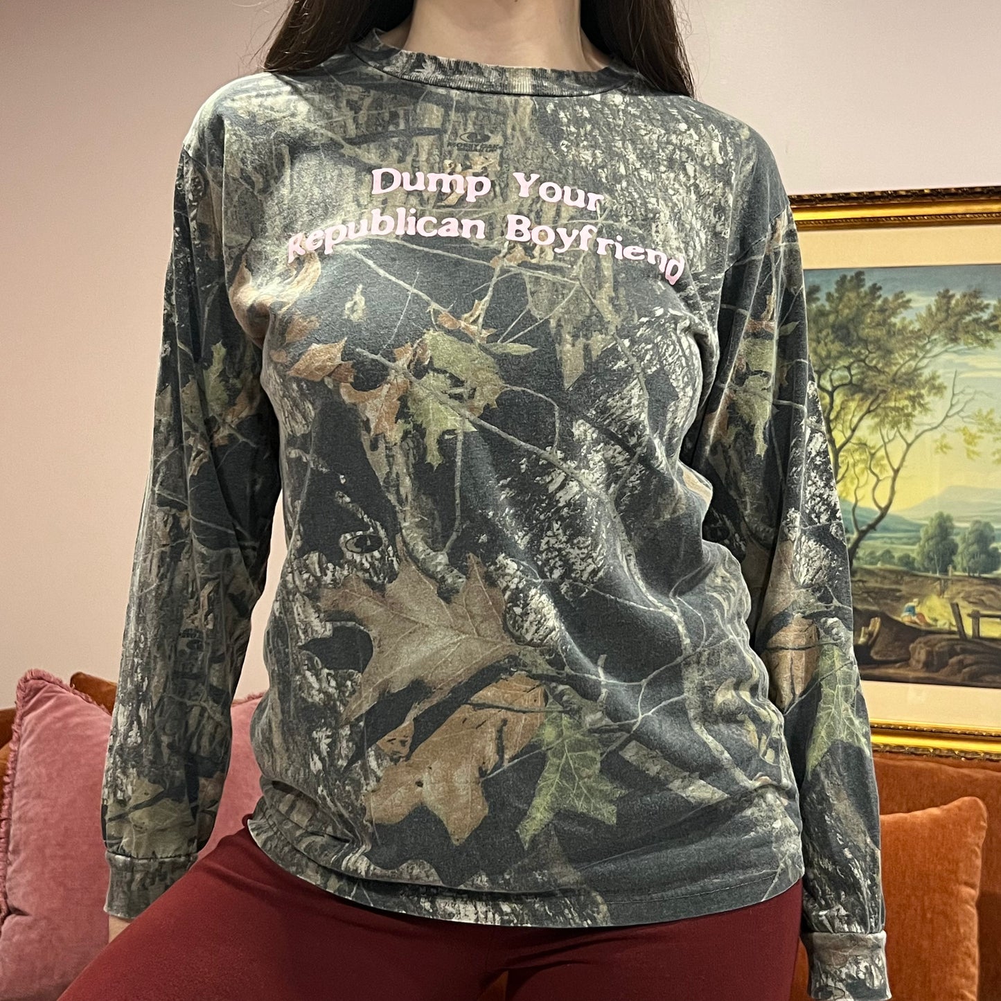 DUMP YOUR REPUBLICAN BOYFRIEND camo long sleeve t-shirt with pink text (XL)