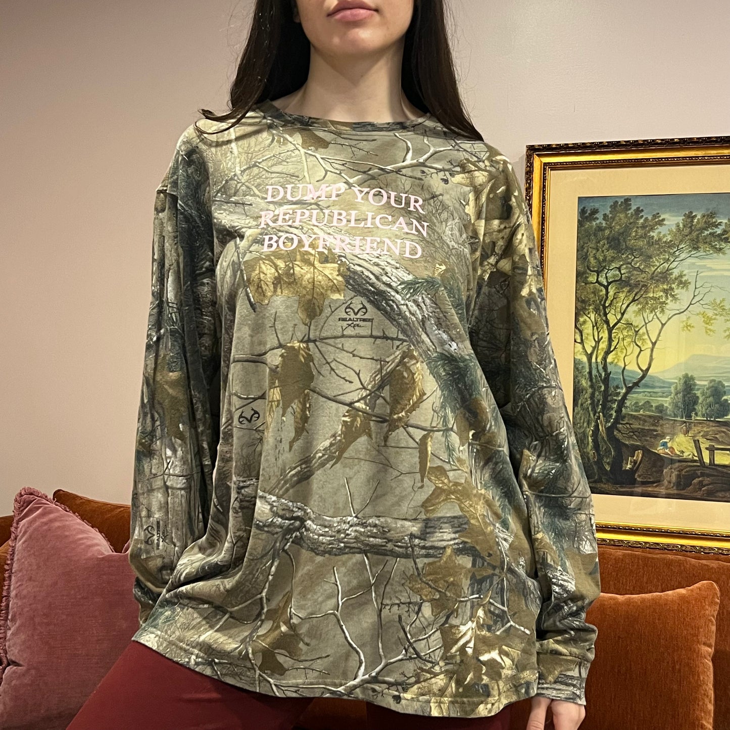 DUMP YOUR REPUBLICAN BOYFRIEND camo long sleeve t-shirt with pink text (XL)