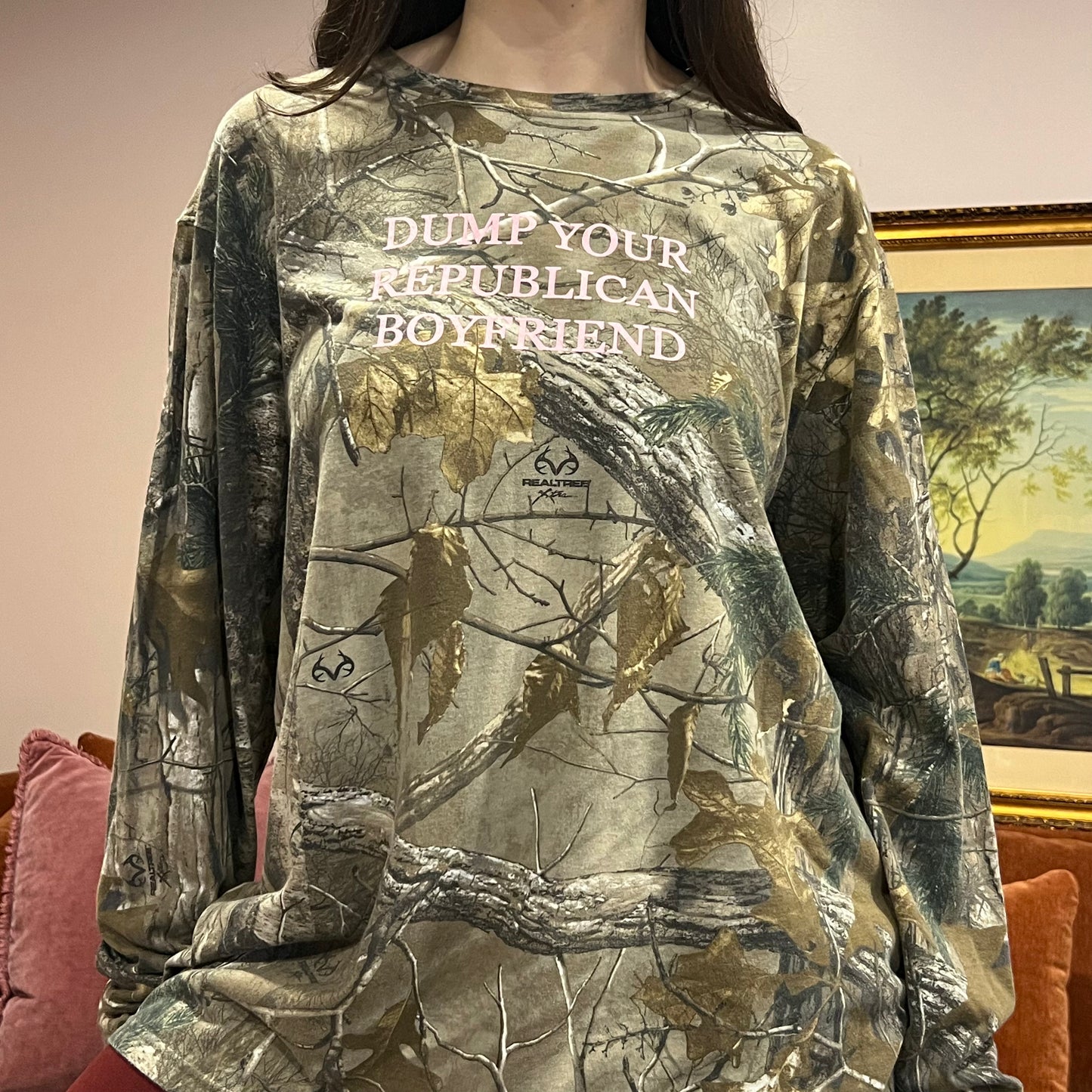 DUMP YOUR REPUBLICAN BOYFRIEND camo long sleeve t-shirt with pink text (XL)