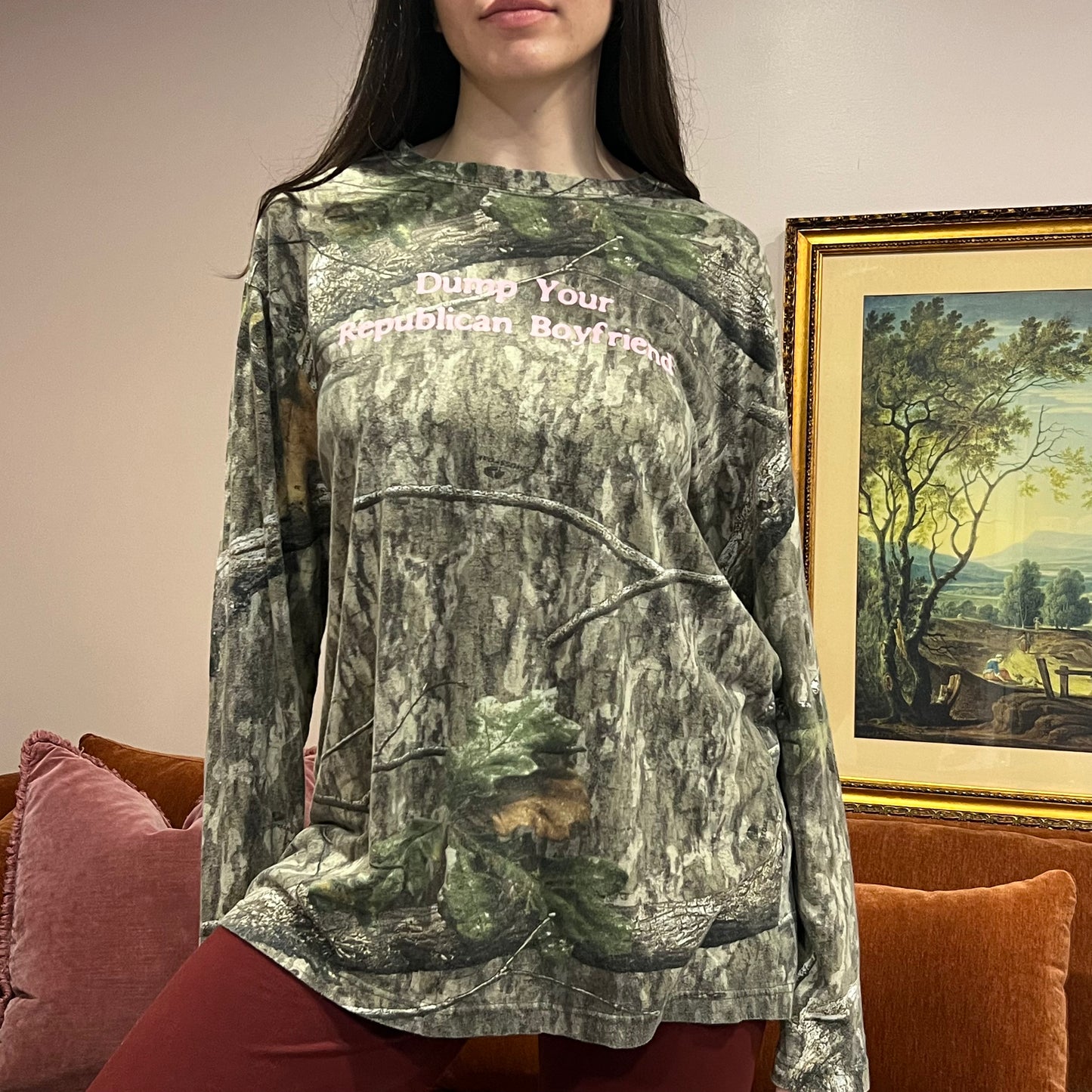 DUMP YOUR REPUBLICAN BOYFRIEND camo long sleeve t-shirt with pink text (XL)