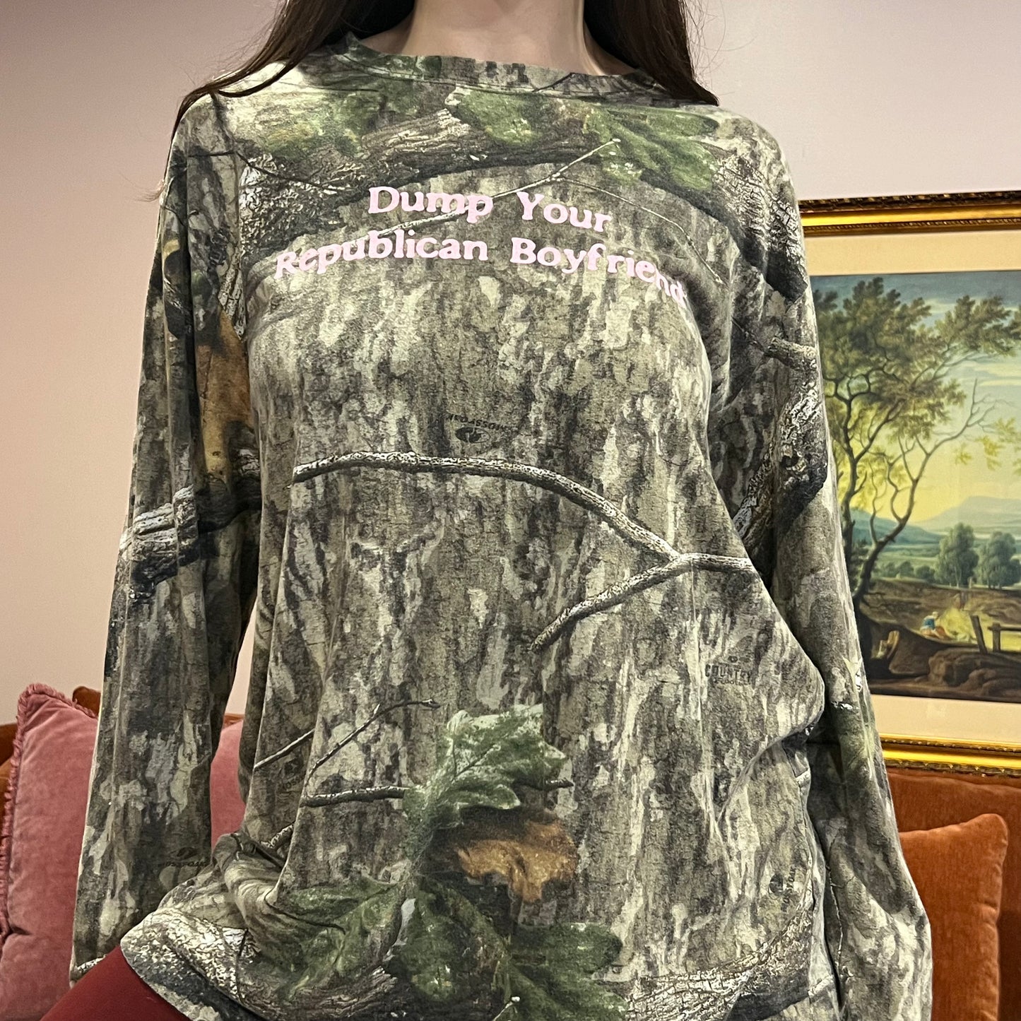 DUMP YOUR REPUBLICAN BOYFRIEND camo long sleeve t-shirt with pink text (XL)