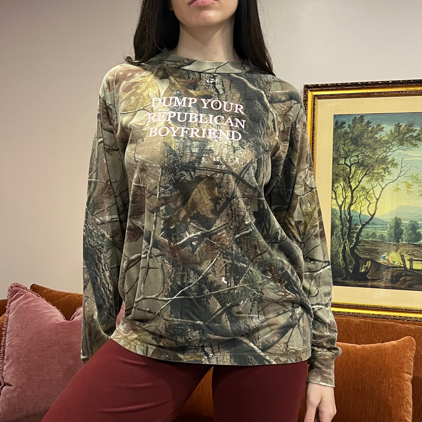 DUMP YOUR REPUBLICAN BOYFRIEND camo long sleeve t-shirt with pink text (L)