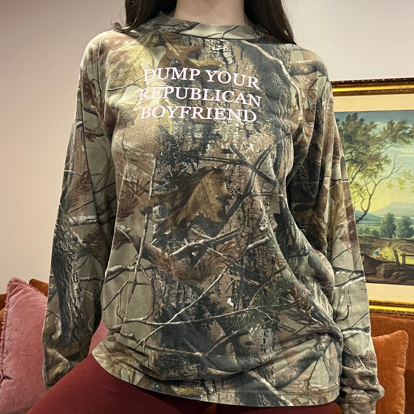DUMP YOUR REPUBLICAN BOYFRIEND camo long sleeve t-shirt with pink text (L)