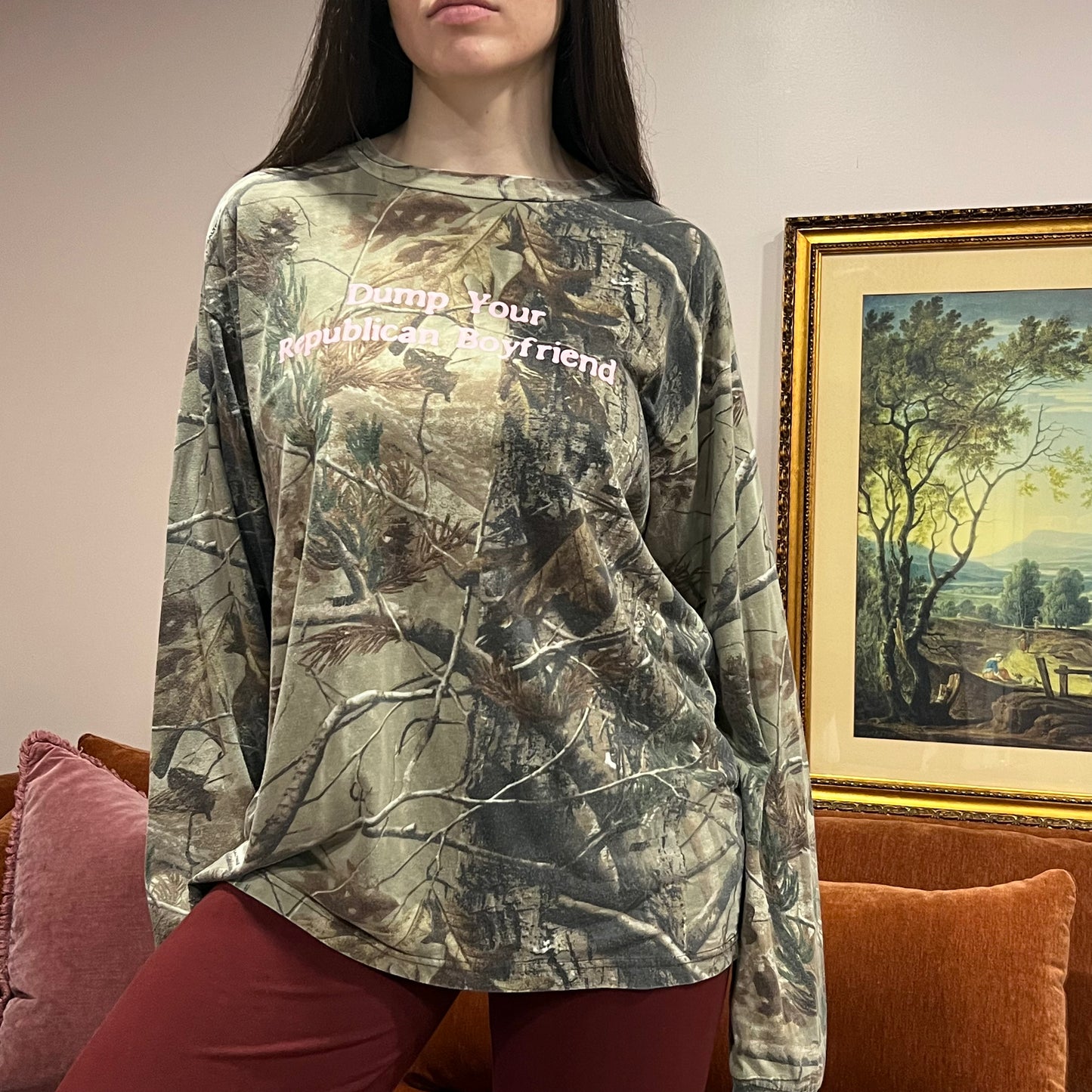 DUMP YOUR REPUBLICAN BOYFRIEND camo long sleeve t-shirt with pink text (XL)