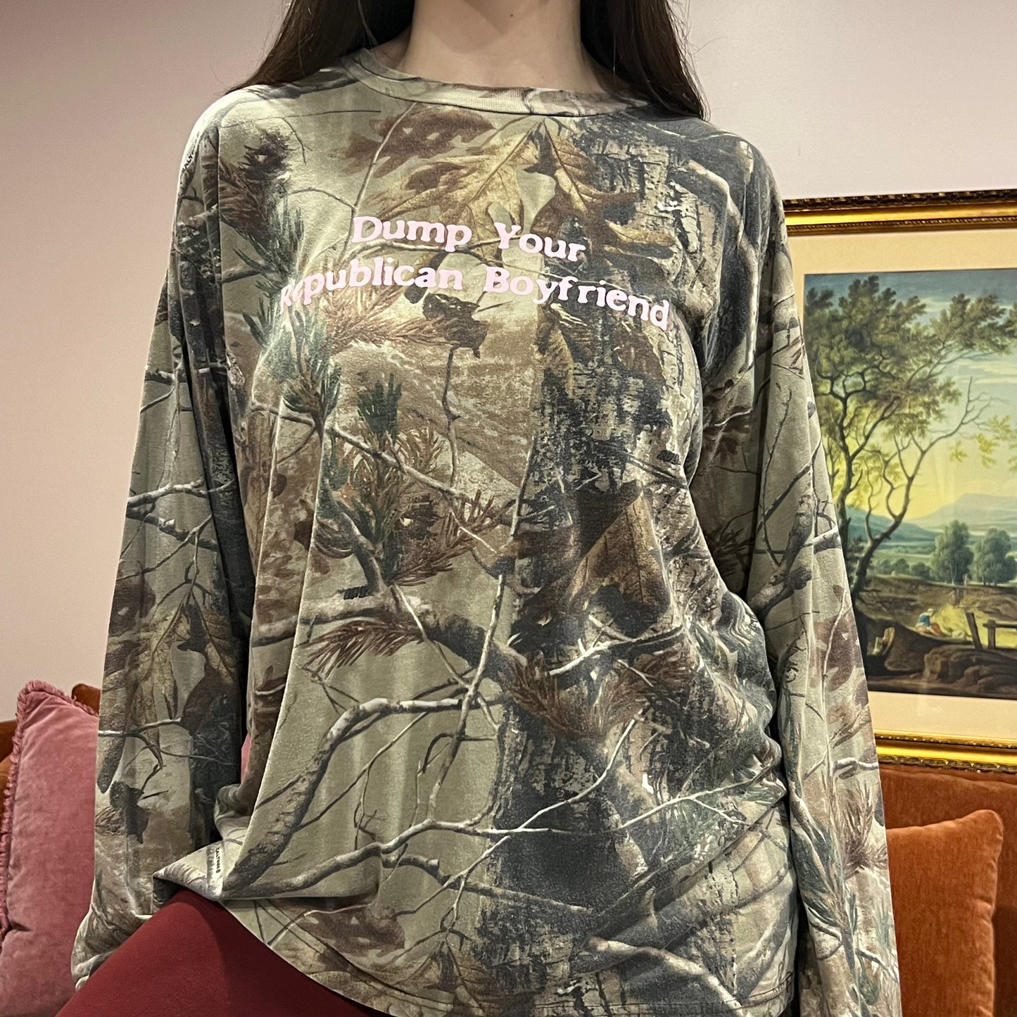 DUMP YOUR REPUBLICAN BOYFRIEND camo long sleeve t-shirt with pink text (XL)
