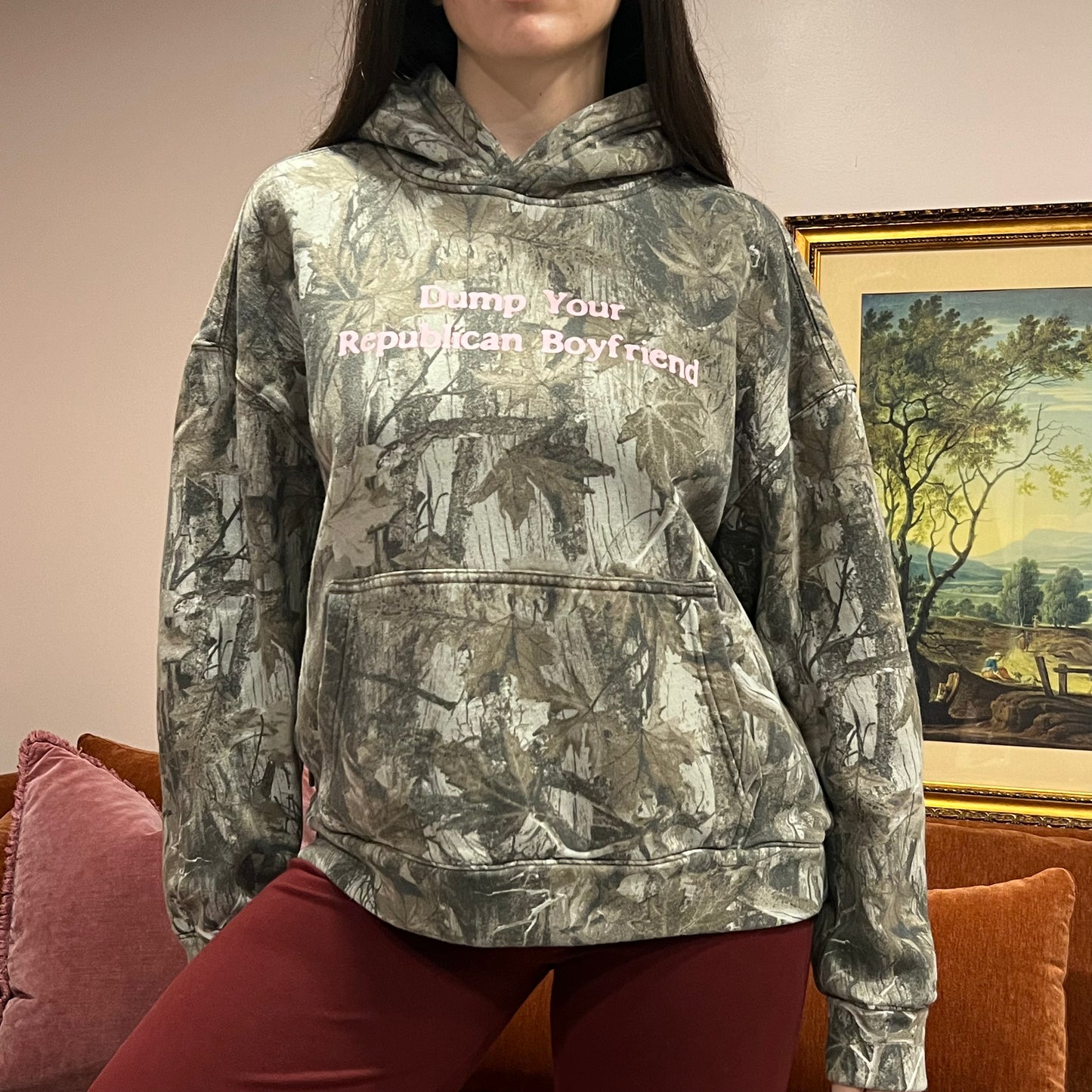 DUMP YOUR REPUBLICAN BOYFRIEND camo hoodie with pink text (M)