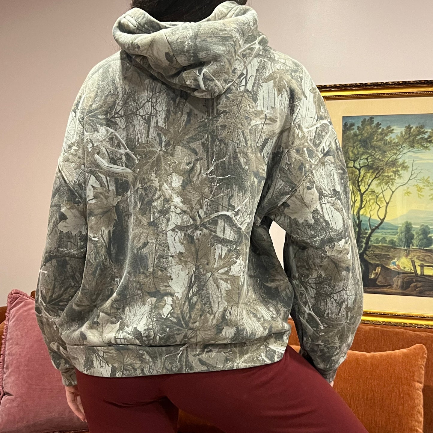DUMP YOUR REPUBLICAN BOYFRIEND camo hoodie with pink text (M)
