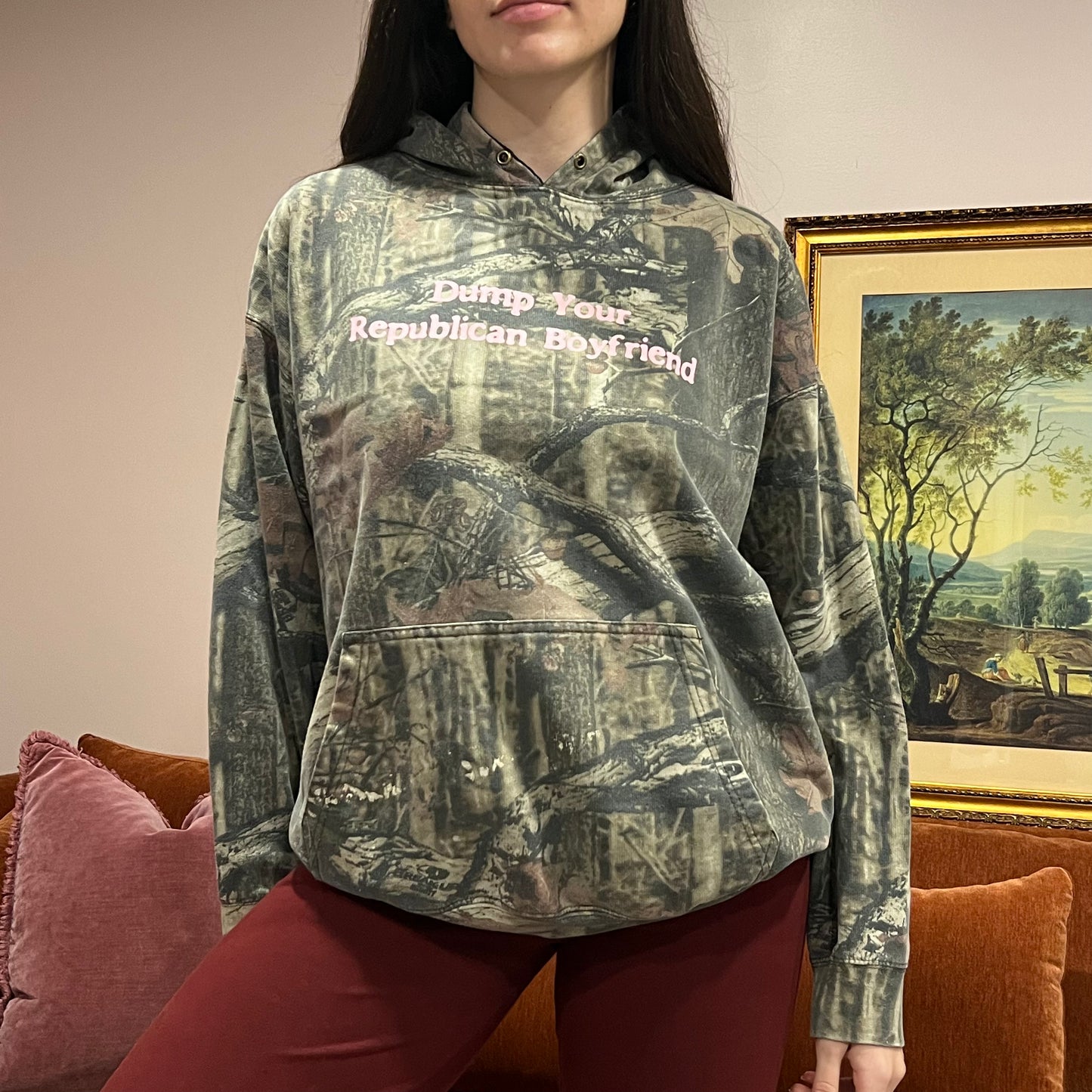DUMP YOUR REPUBLICAN BOYFRIEND camo hoodie with pink text (XL)