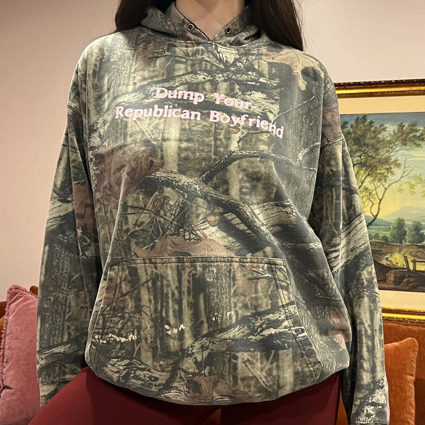 DUMP YOUR REPUBLICAN BOYFRIEND camo hoodie with pink text (XL)