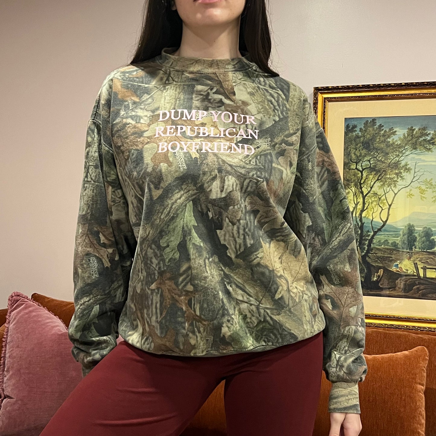 DUMP YOUR REPUBLICAN BOYFRIEND camo crewneck with pink text (L)