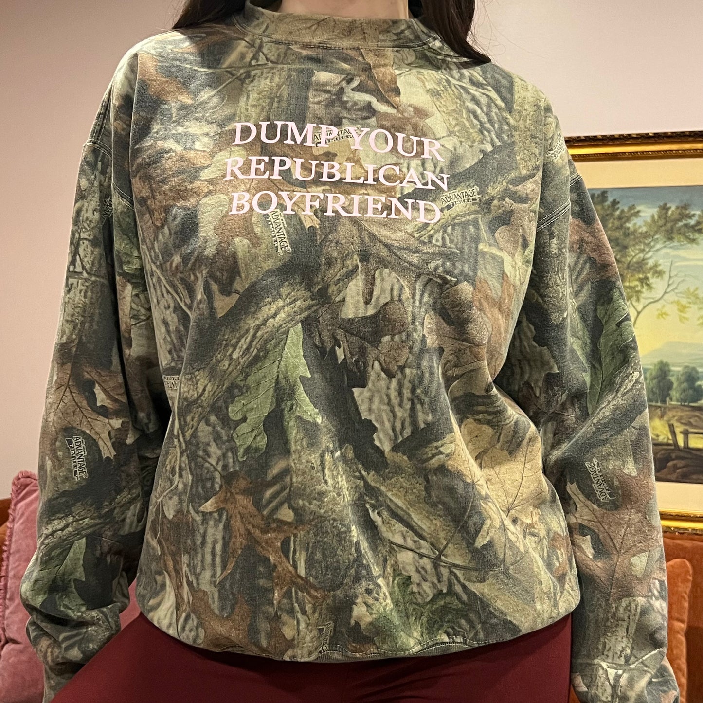 DUMP YOUR REPUBLICAN BOYFRIEND camo crewneck with pink text (L)