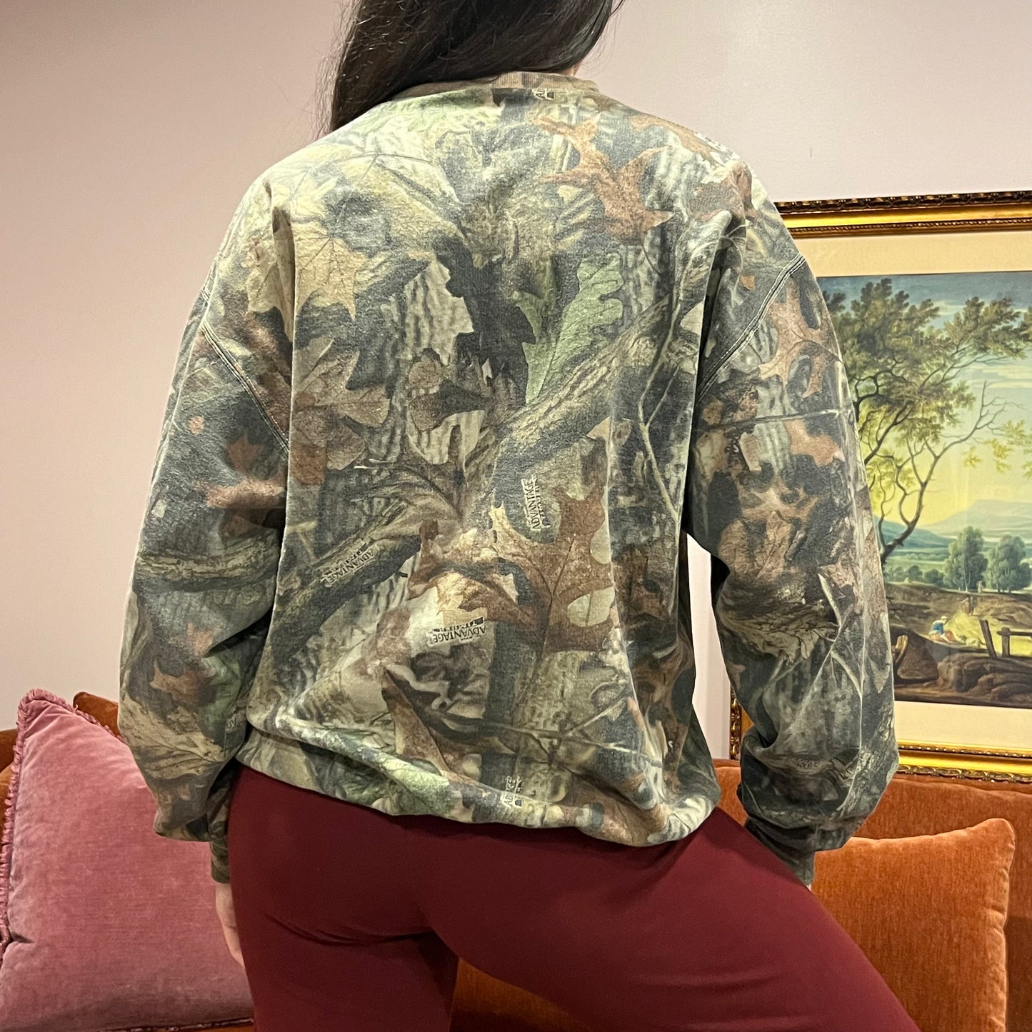DUMP YOUR REPUBLICAN BOYFRIEND camo crewneck with pink text (L)