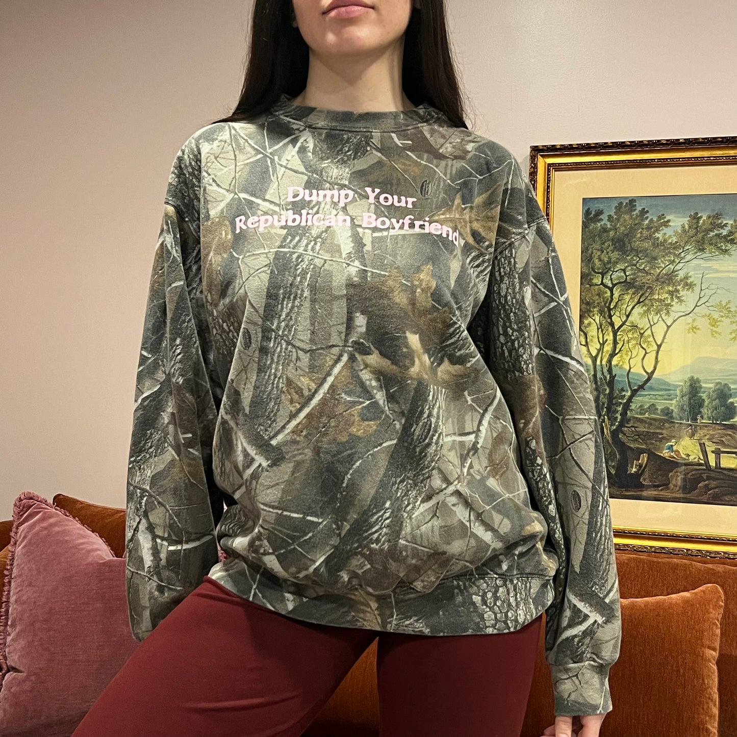 DUMP YOUR REPUBLICAN BOYFRIEND camo crewneck with pink text (L)