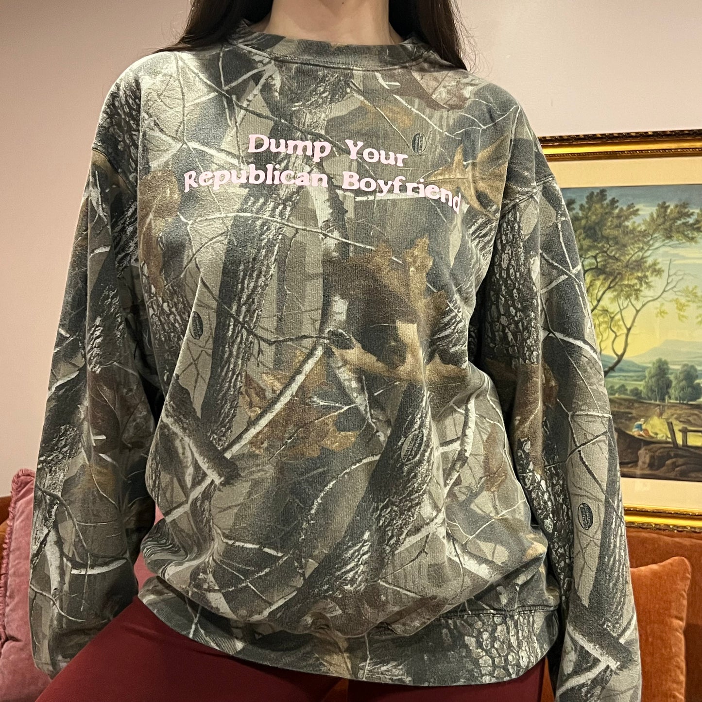DUMP YOUR REPUBLICAN BOYFRIEND camo crewneck with pink text (L)