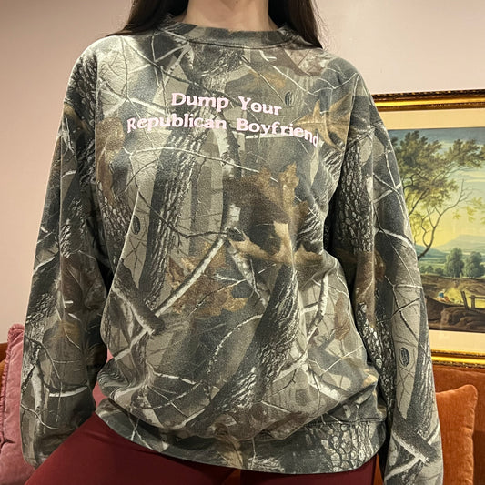 DUMP YOUR REPUBLICAN BOYFRIEND camo crewneck with pink text (L)