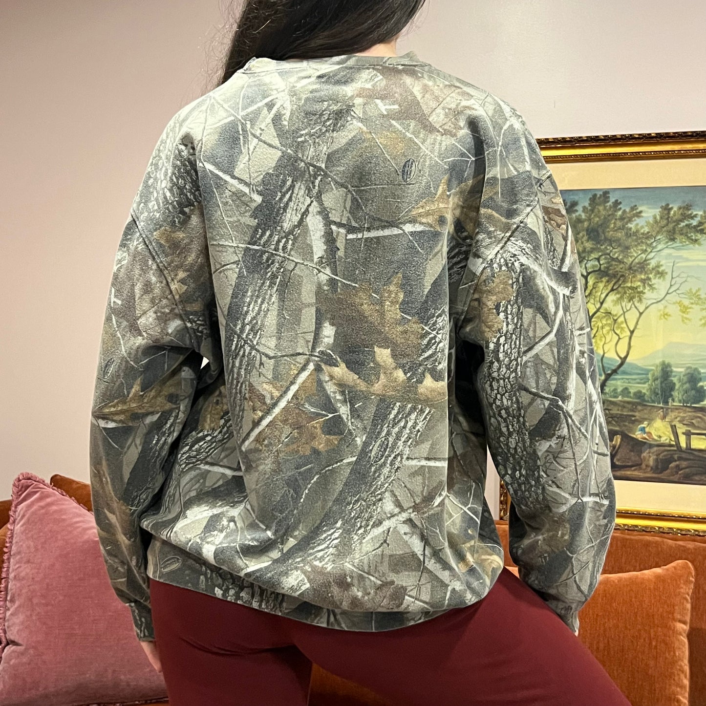 DUMP YOUR REPUBLICAN BOYFRIEND camo crewneck with pink text (L)