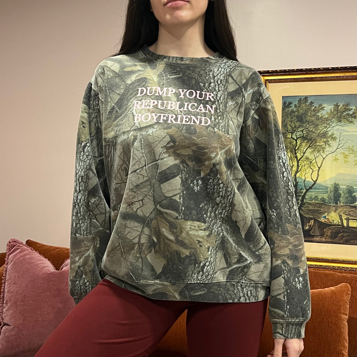 DUMP YOUR REPUBLICAN BOYFRIEND camo crewneck with pink text (L)