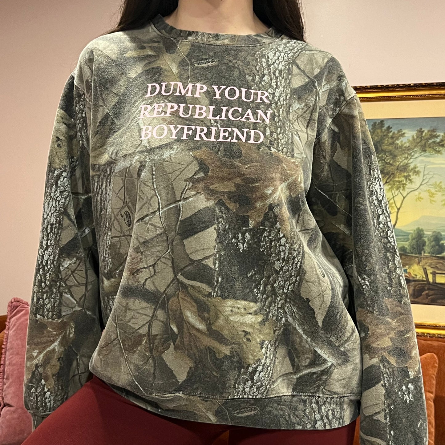 DUMP YOUR REPUBLICAN BOYFRIEND camo crewneck with pink text (L)