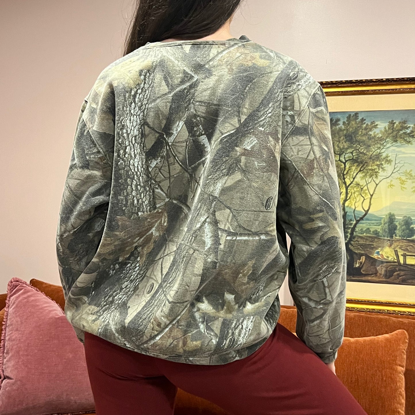 DUMP YOUR REPUBLICAN BOYFRIEND camo crewneck with pink text (L)