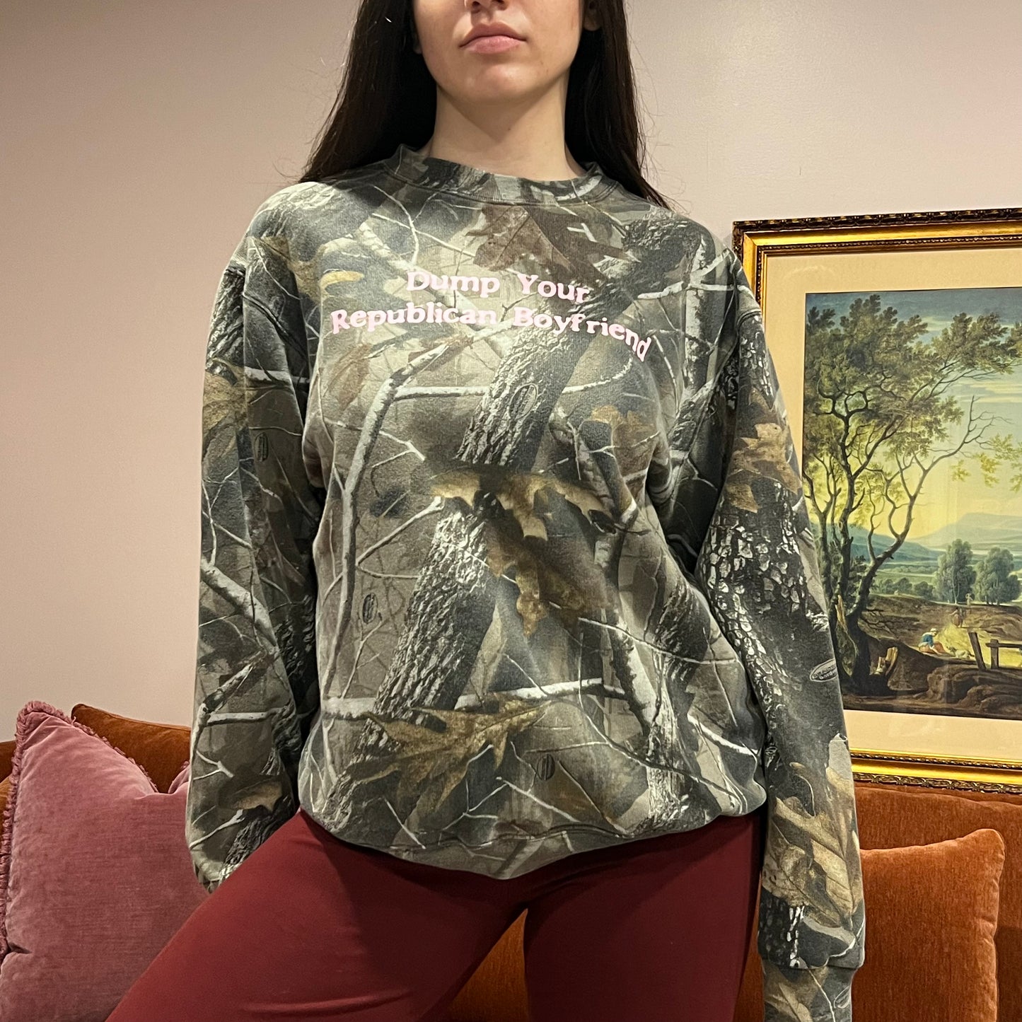 DUMP YOUR REPUBLICAN BOYFRIEND camo crewneck with pink text (L)