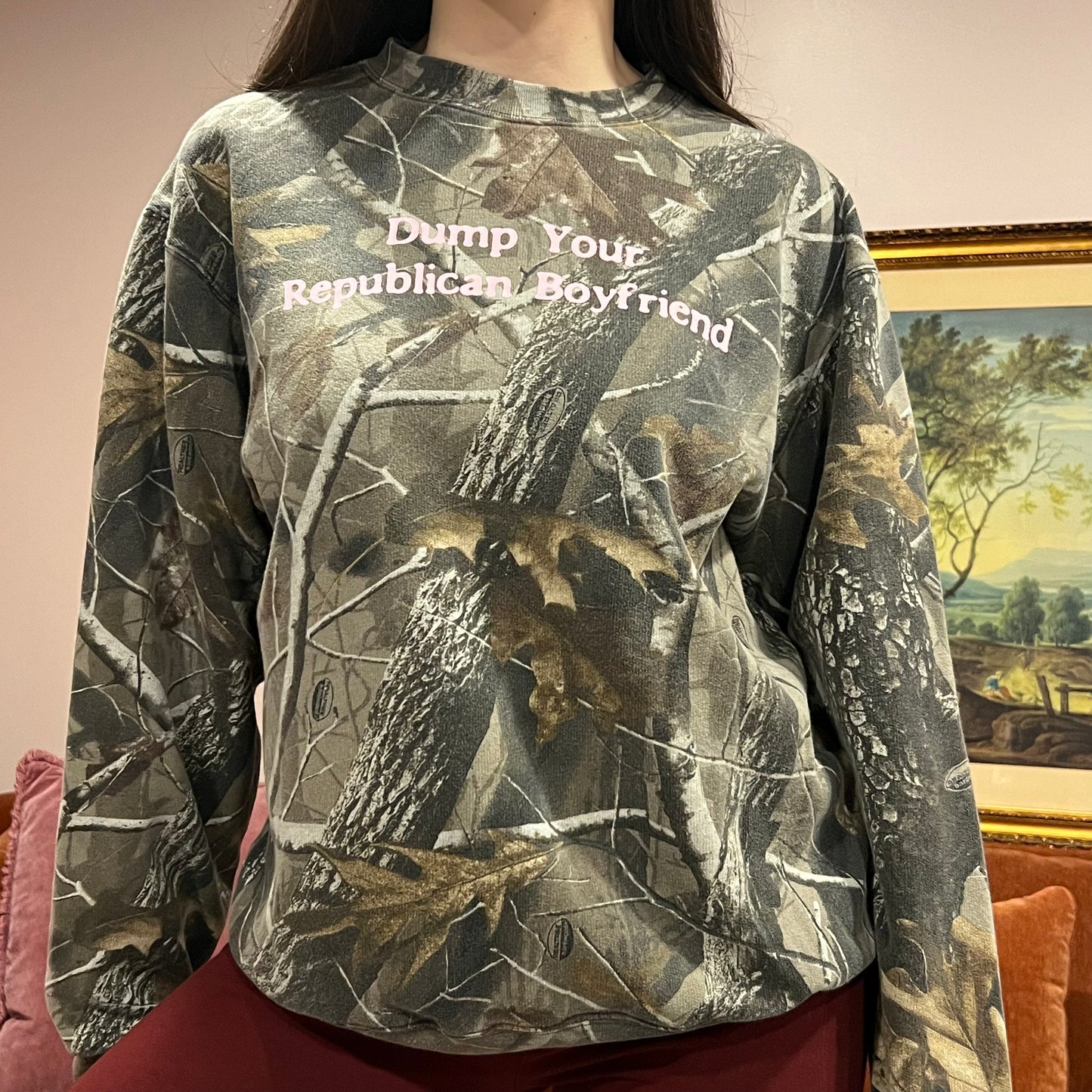 DUMP YOUR REPUBLICAN BOYFRIEND camo crewneck with pink text (L)