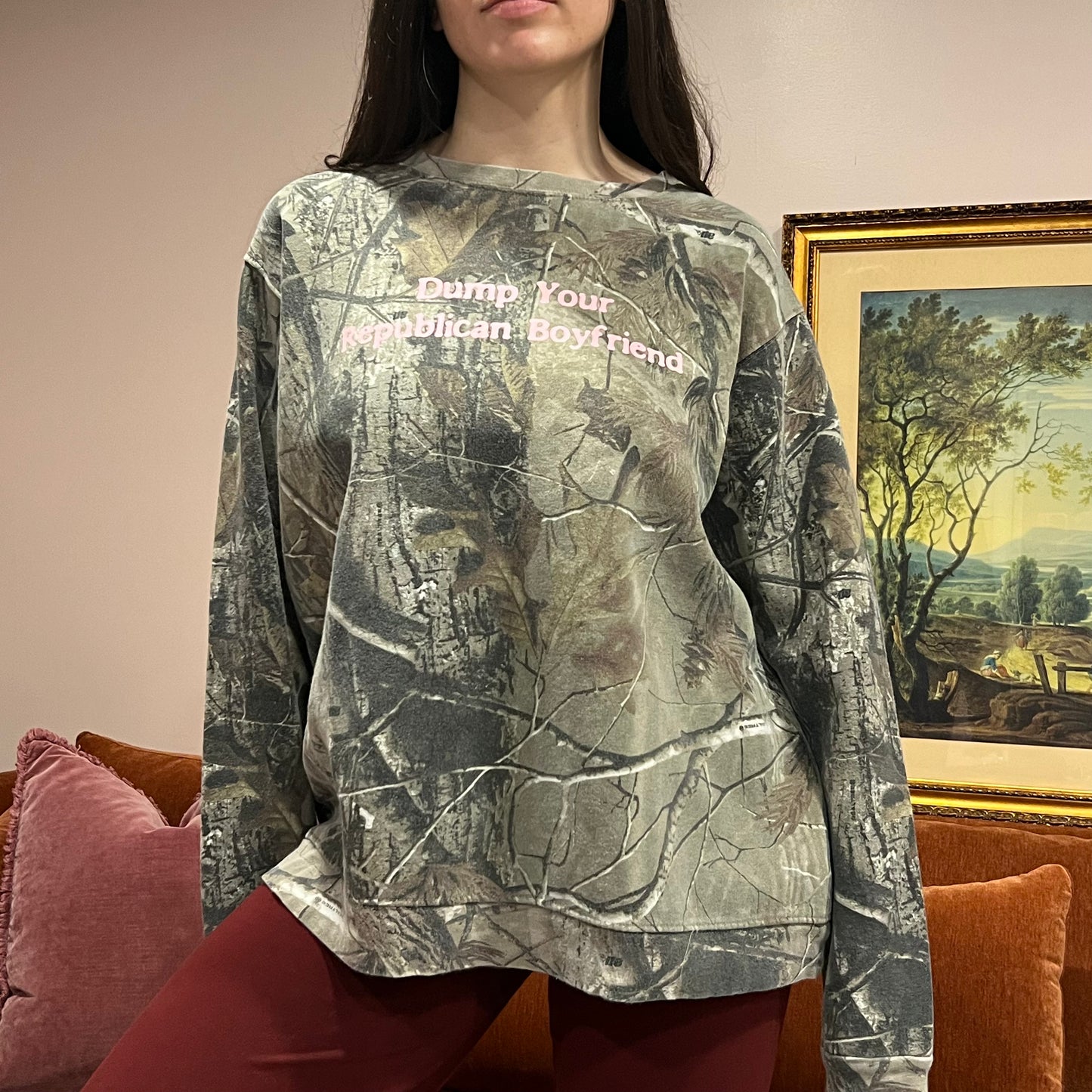 DUMP YOUR REPUBLICAN BOYFRIEND camo crewneck with pink text (XL)