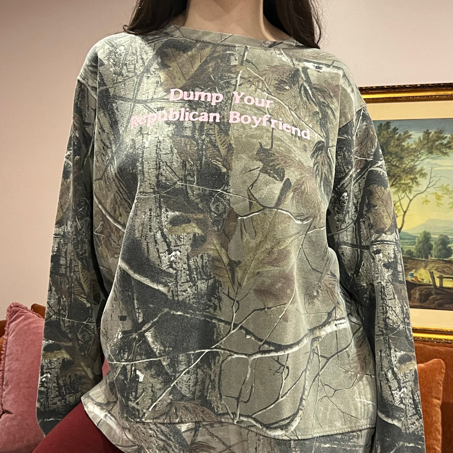 DUMP YOUR REPUBLICAN BOYFRIEND camo crewneck with pink text (XL)