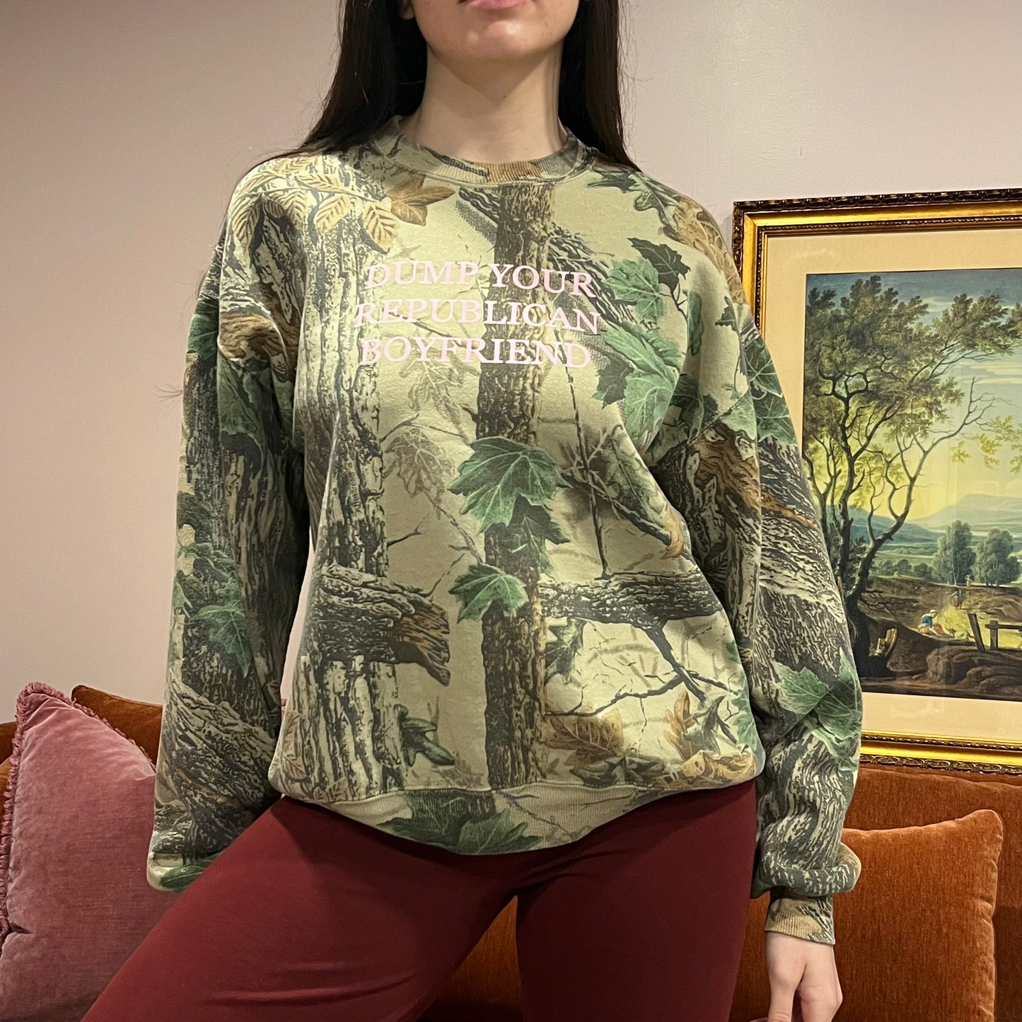 DUMP YOUR REPUBLICAN BOYFRIEND camo crewneck with pink text (L)