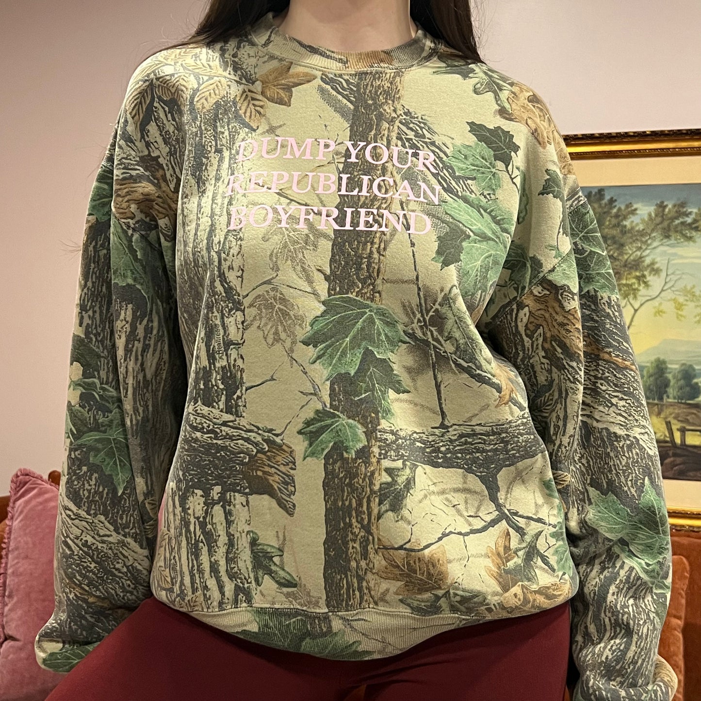 DUMP YOUR REPUBLICAN BOYFRIEND camo crewneck with pink text (L)