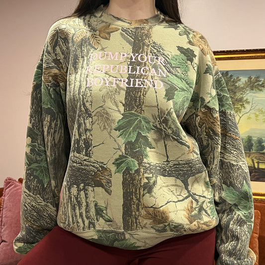 DUMP YOUR REPUBLICAN BOYFRIEND camo crewneck with pink text (L)