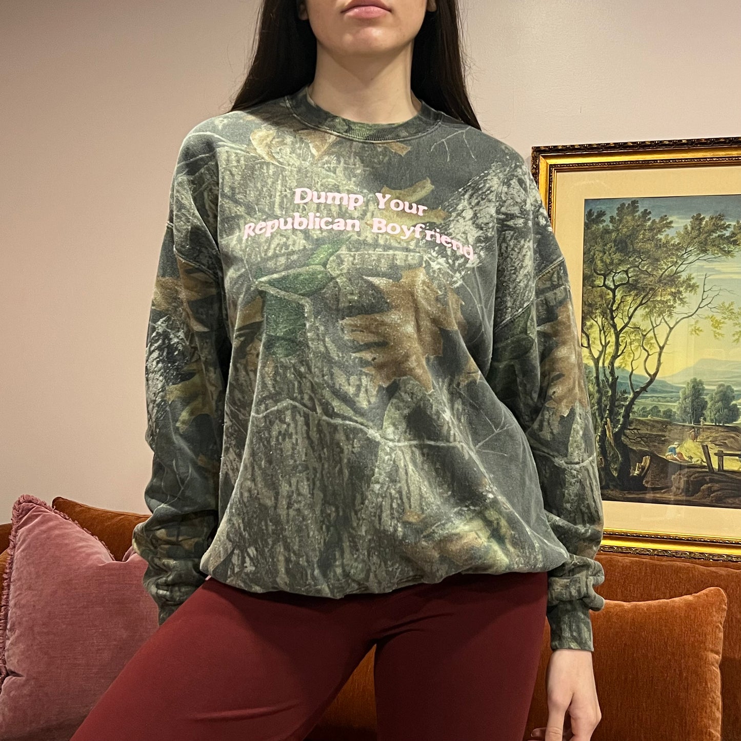 DUMP YOUR REPUBLICAN BOYFRIEND camo crewneck with pink text (XL)