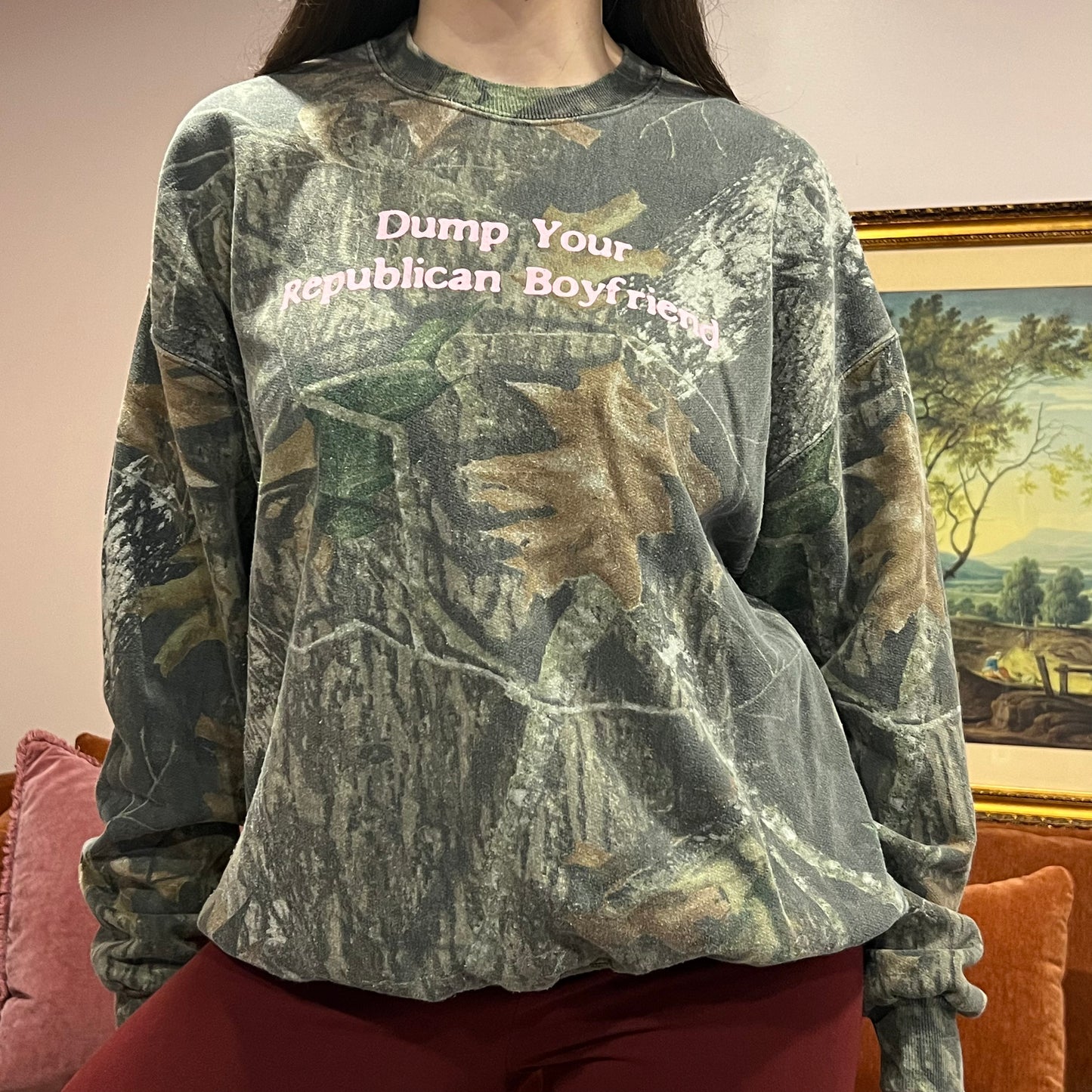 DUMP YOUR REPUBLICAN BOYFRIEND camo crewneck with pink text (XL)