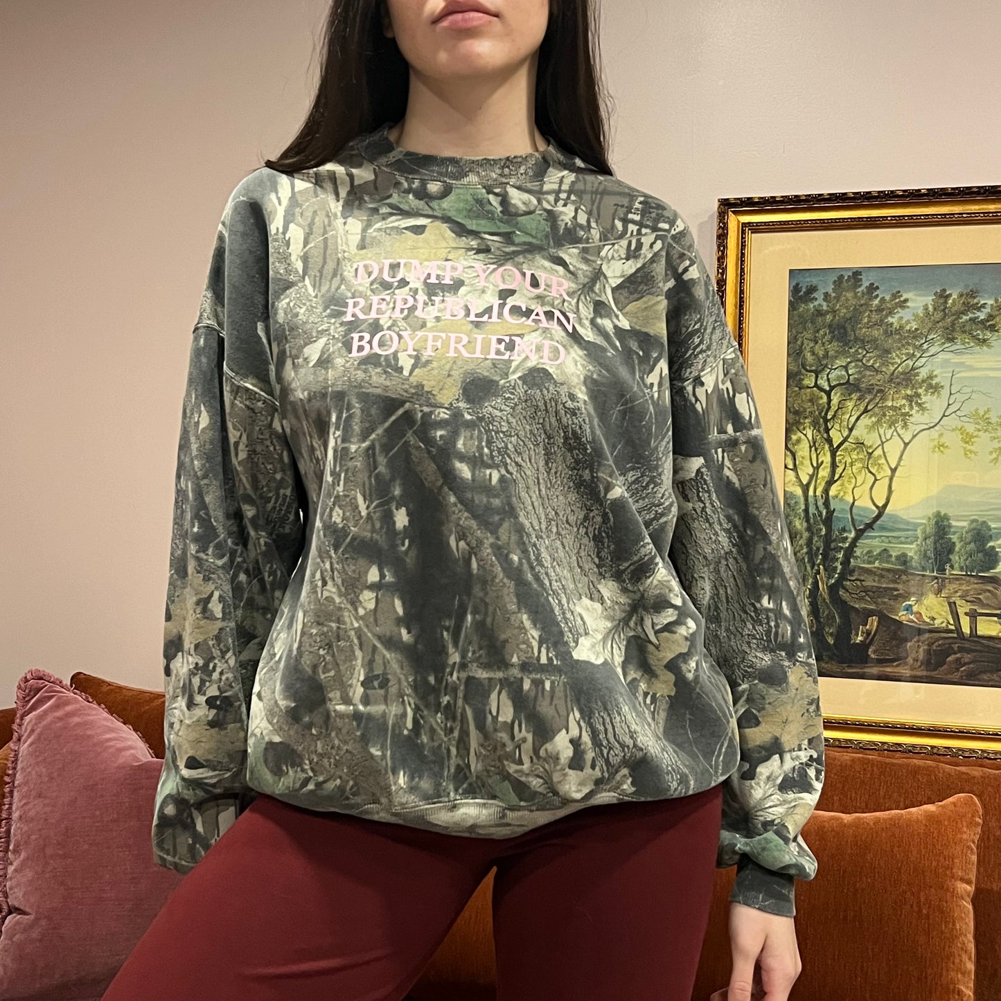 DUMP YOUR REPUBLICAN BOYFRIEND camo crewneck with pink text (XL)