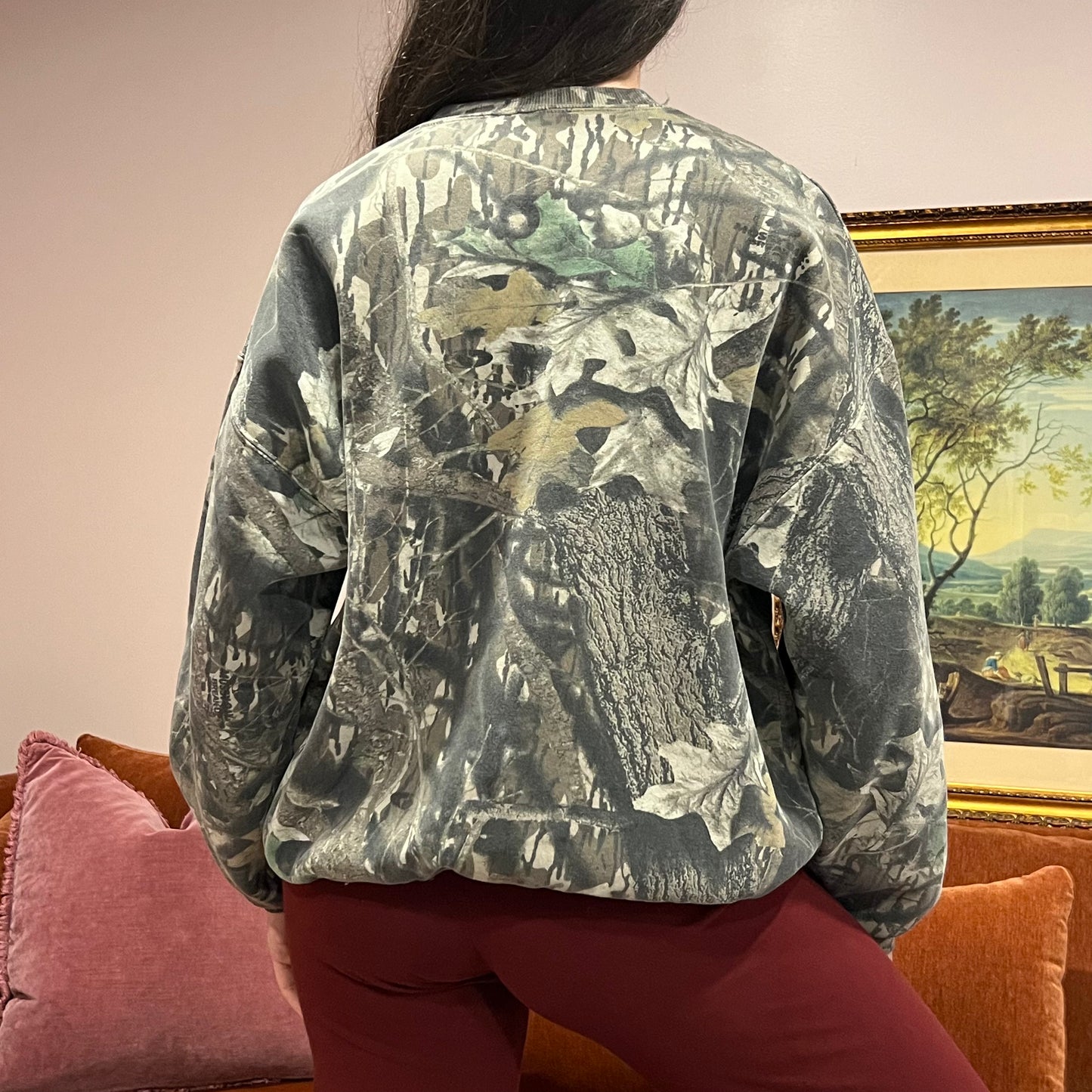 DUMP YOUR REPUBLICAN BOYFRIEND camo crewneck with pink text (XL)