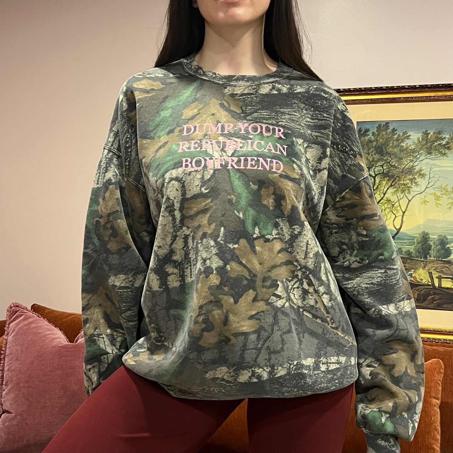 DUMP YOUR REPUBLICAN BOYFRIEND camo crewneck with pink text (2XL)