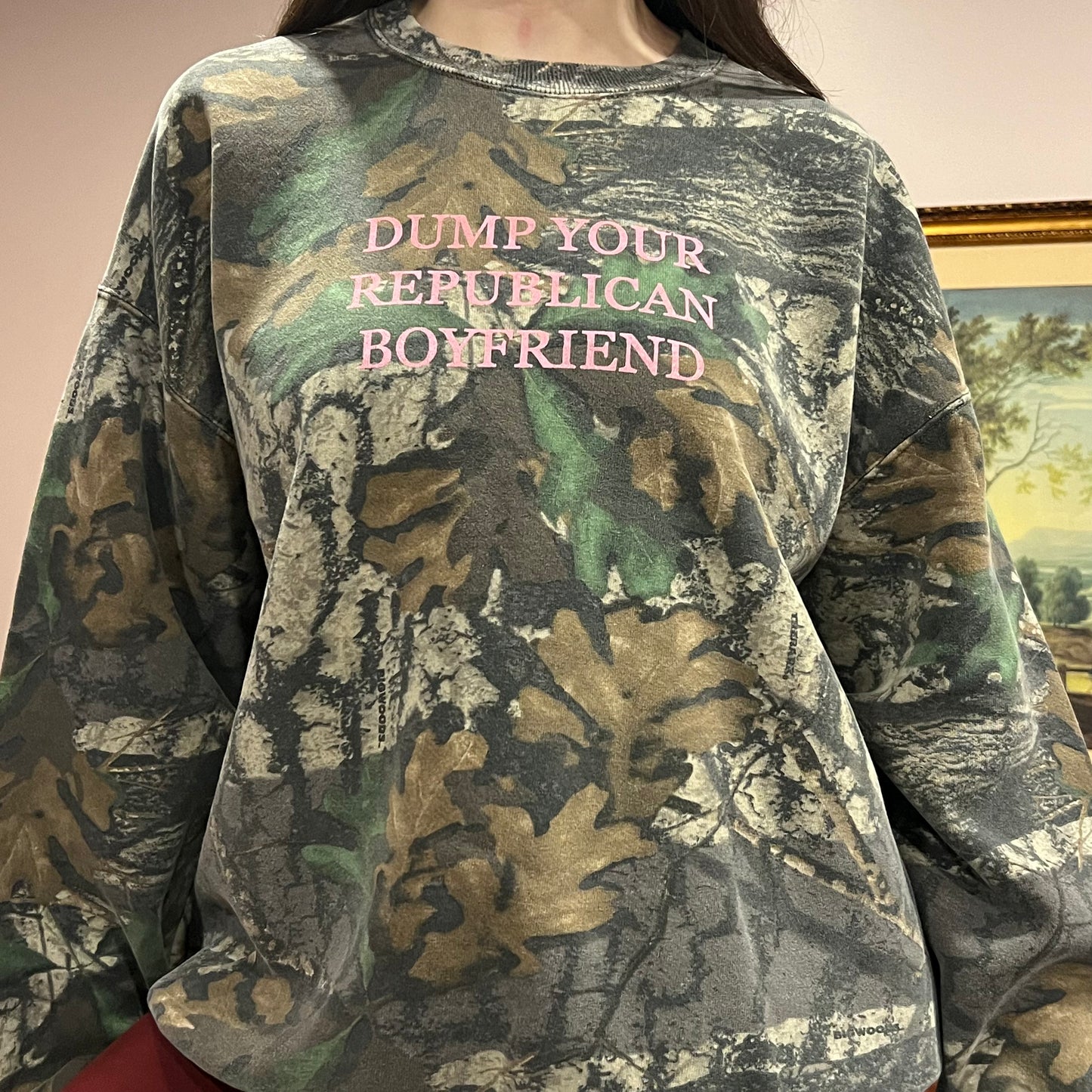 DUMP YOUR REPUBLICAN BOYFRIEND camo crewneck with pink text (2XL)