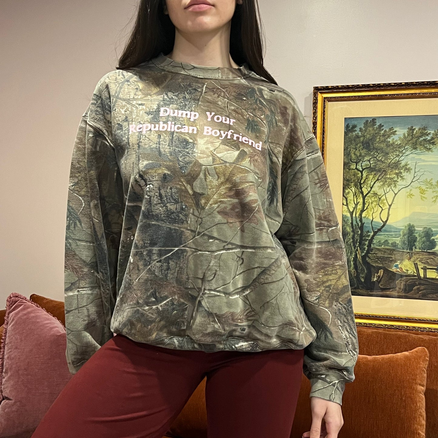 DUMP YOUR REPUBLICAN BOYFRIEND camo crewneck with pink text (L)