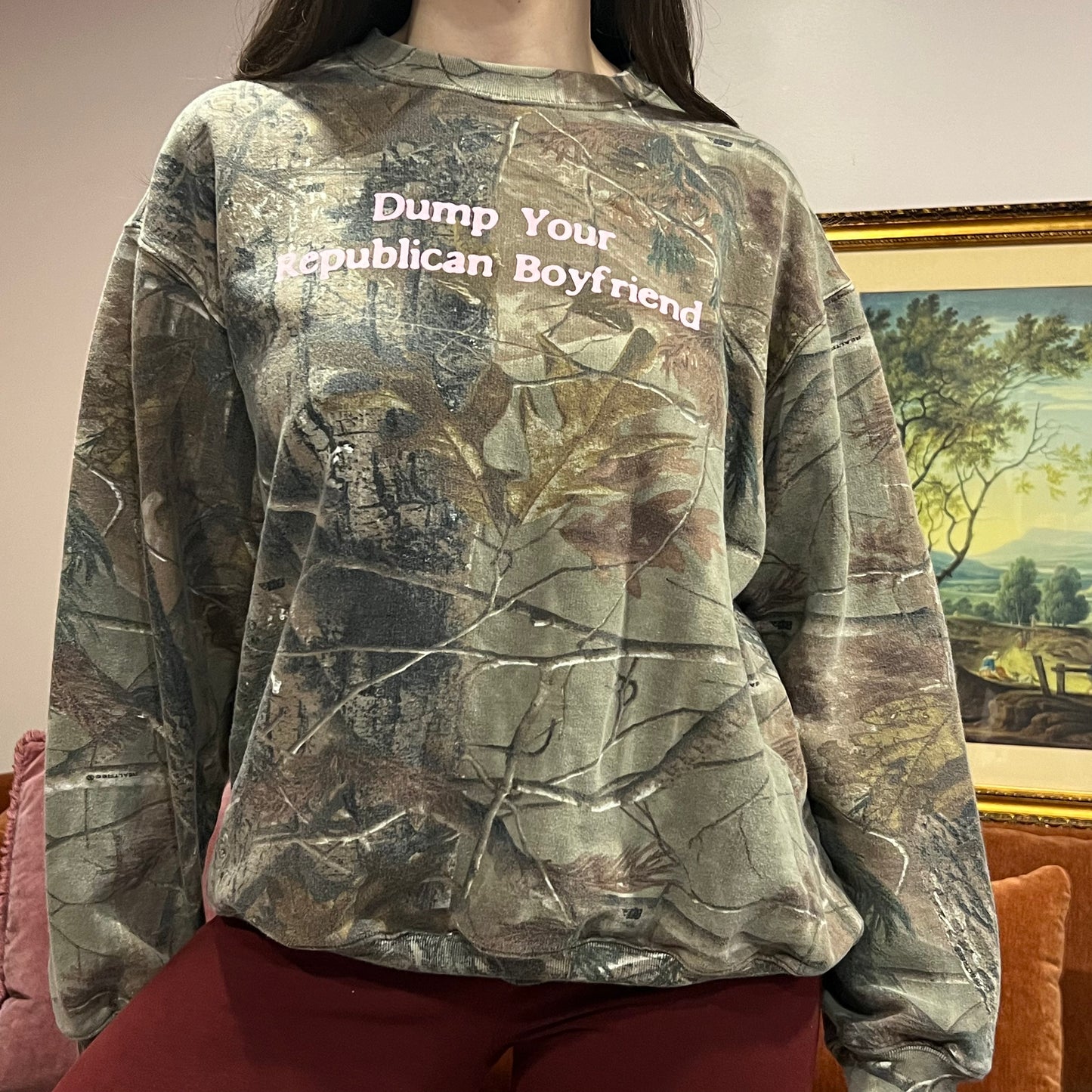 DUMP YOUR REPUBLICAN BOYFRIEND camo crewneck with pink text (L)