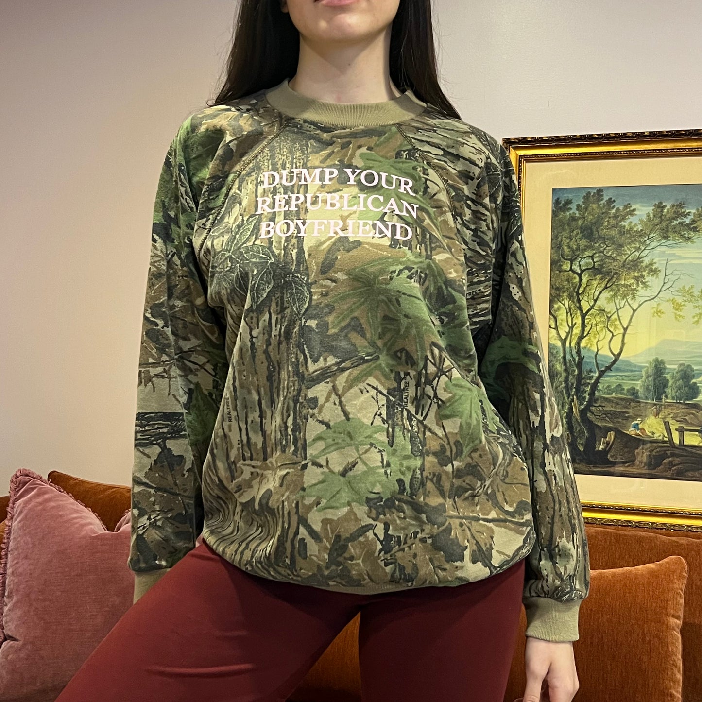 DUMP YOUR REPUBLICAN BOYFRIEND camo crewneck with pink text (XL)