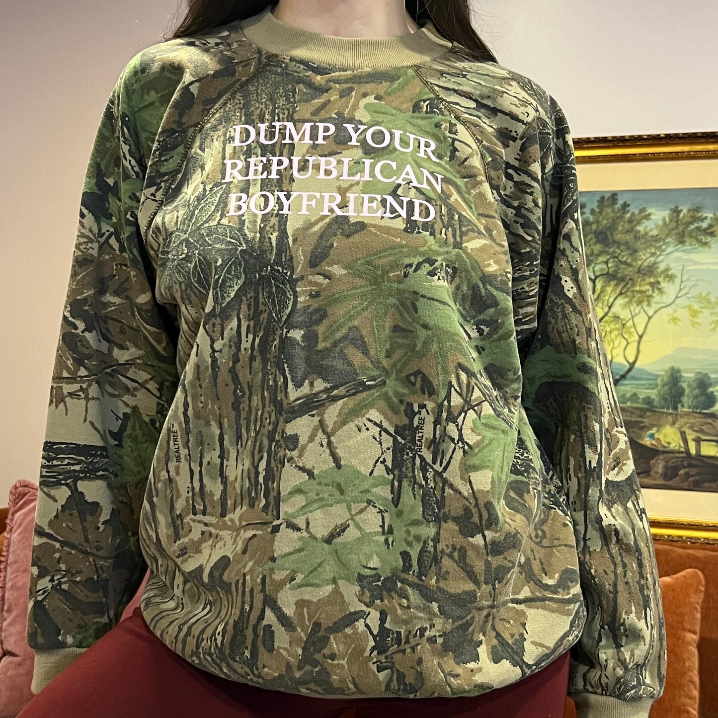 DUMP YOUR REPUBLICAN BOYFRIEND camo crewneck with pink text (XL)