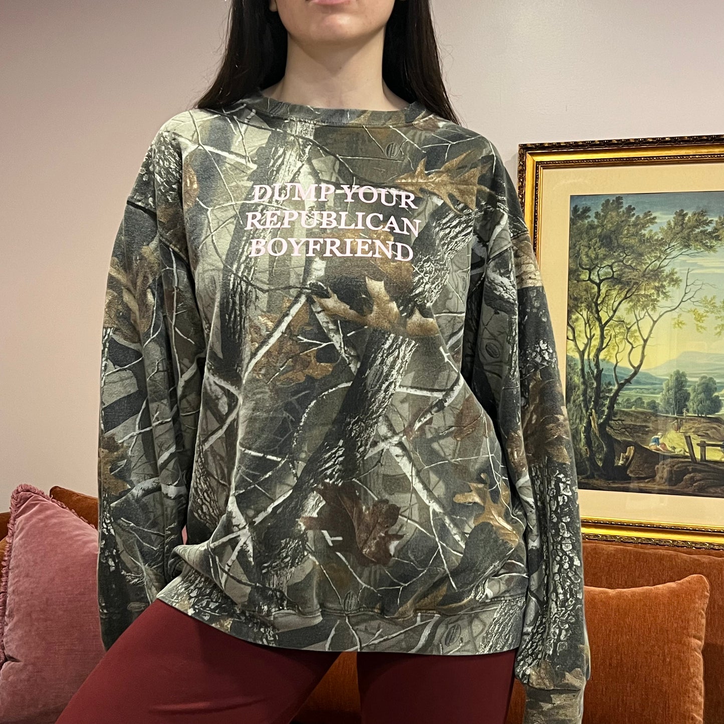 DUMP YOUR REPUBLICAN BOYFRIEND camo crewneck with pink text (XL)